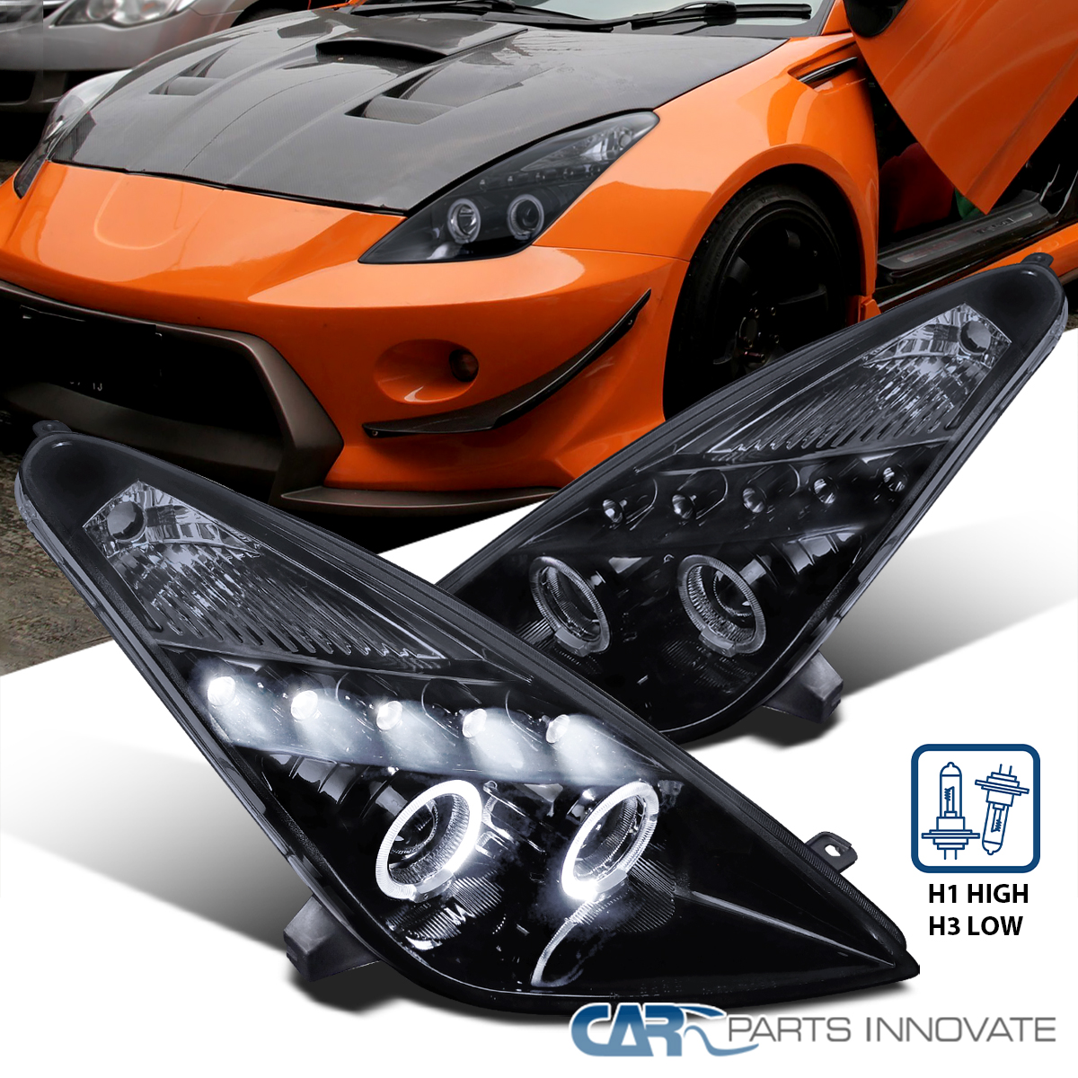 Clear LED Halo Projector Headlights For 2000-2005 Toyota Celica - Pair L+R