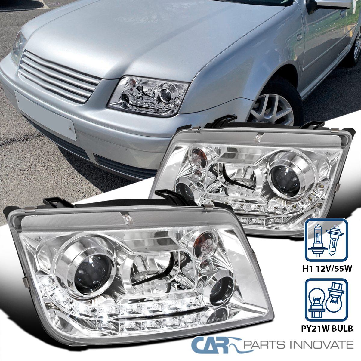 Fit 99-05 VW Jetta Bora Mk4 LED Strip Projector Headlights Head
