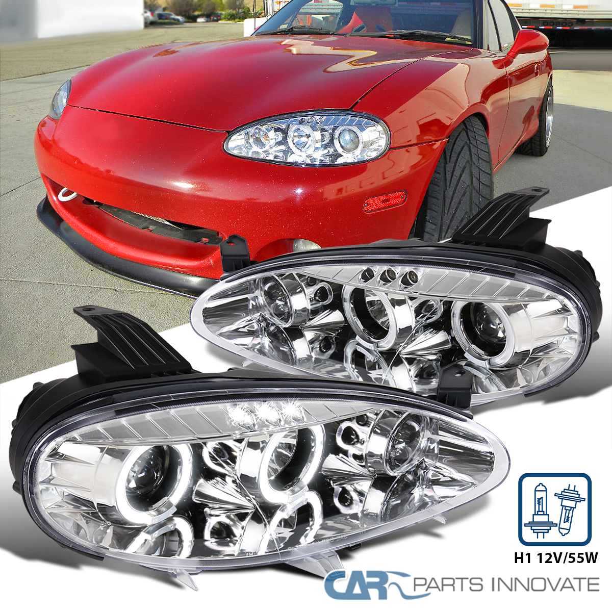 Autozensation Black LED Halo Projector Headlights For Mazda Miata MX-5 2001-2005 - Pair
