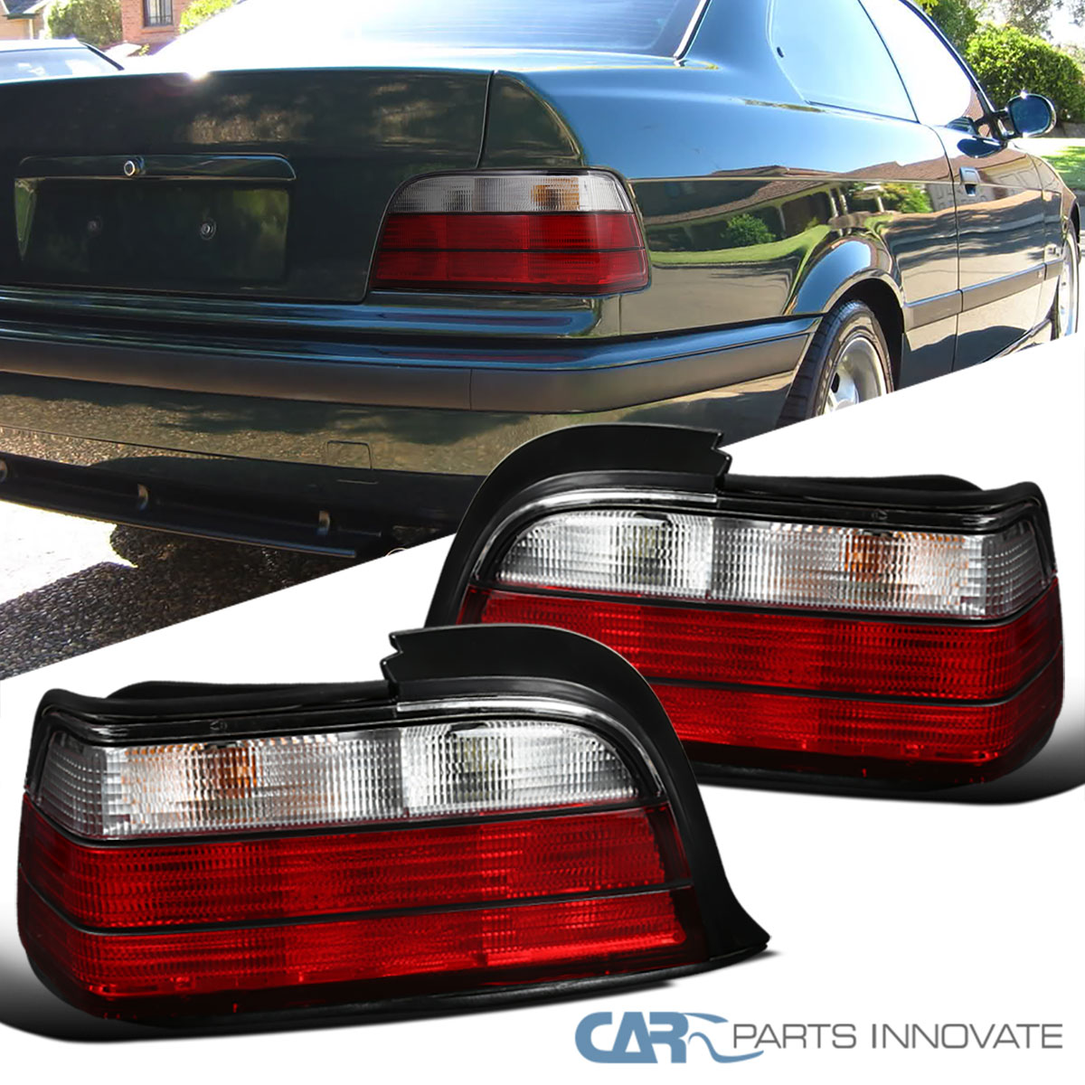  E36セダン車用リヤコンビネーションランプ（赤白） Fit BMW 92-98 E36 3-Series 2Dr Red Clear Tail Lights Rear Brake