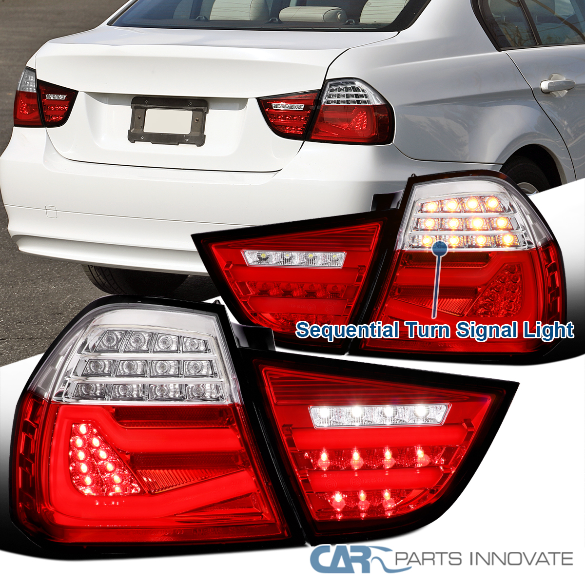 Fit 09-11 BMW E90 3-Series 4Dr Sedan Red/Clear LED Tail Lights