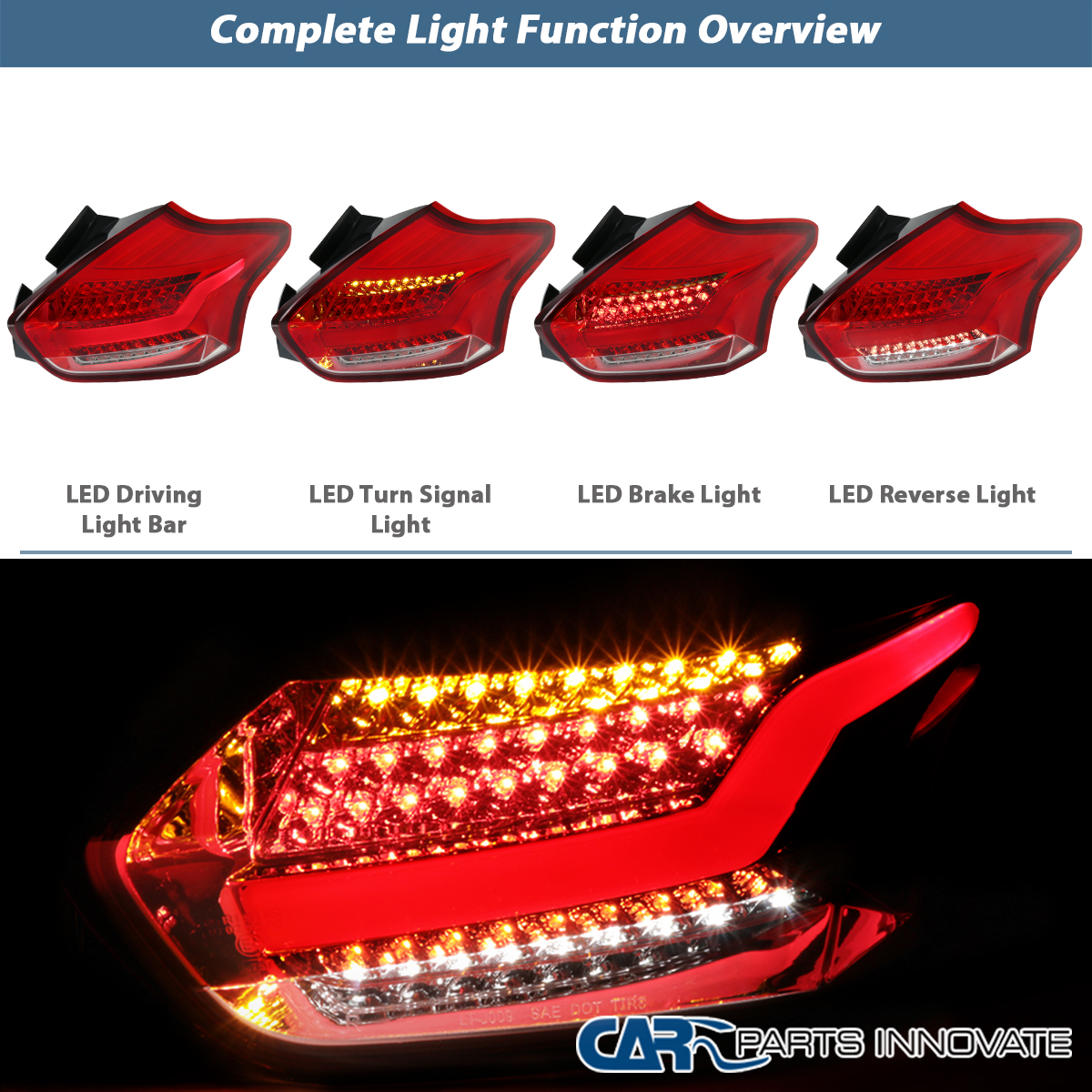 Fits 15-18 Ford Focus Hatchback LED Red/Clear Tail Lights Brake
