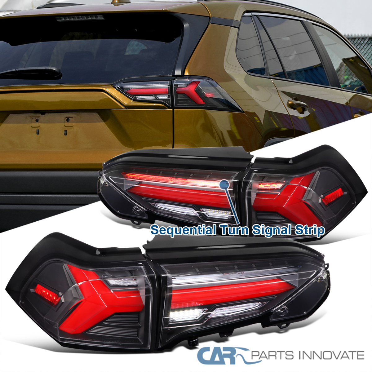Fit 19-24 Toyota RAV4 Full Black LED Red Bar Sequential Signal