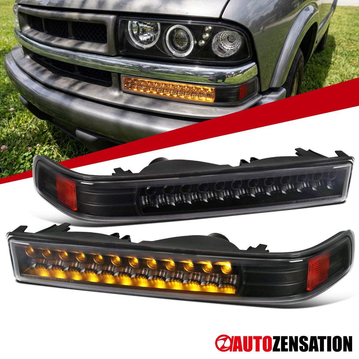 Black LED Bumper Signal Lights For 1998-2004 Chevy S10 Blazer & GMC Sonoma – Clear Lens Pair