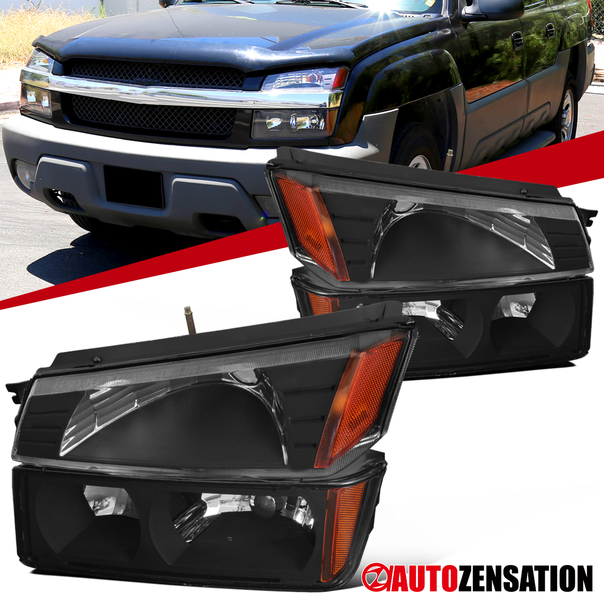 Astorch99 Black Headlight Assemblies (Pair) For 2002-2006 Chevy Avalanche 1500/2500 W/ Body Cladding
