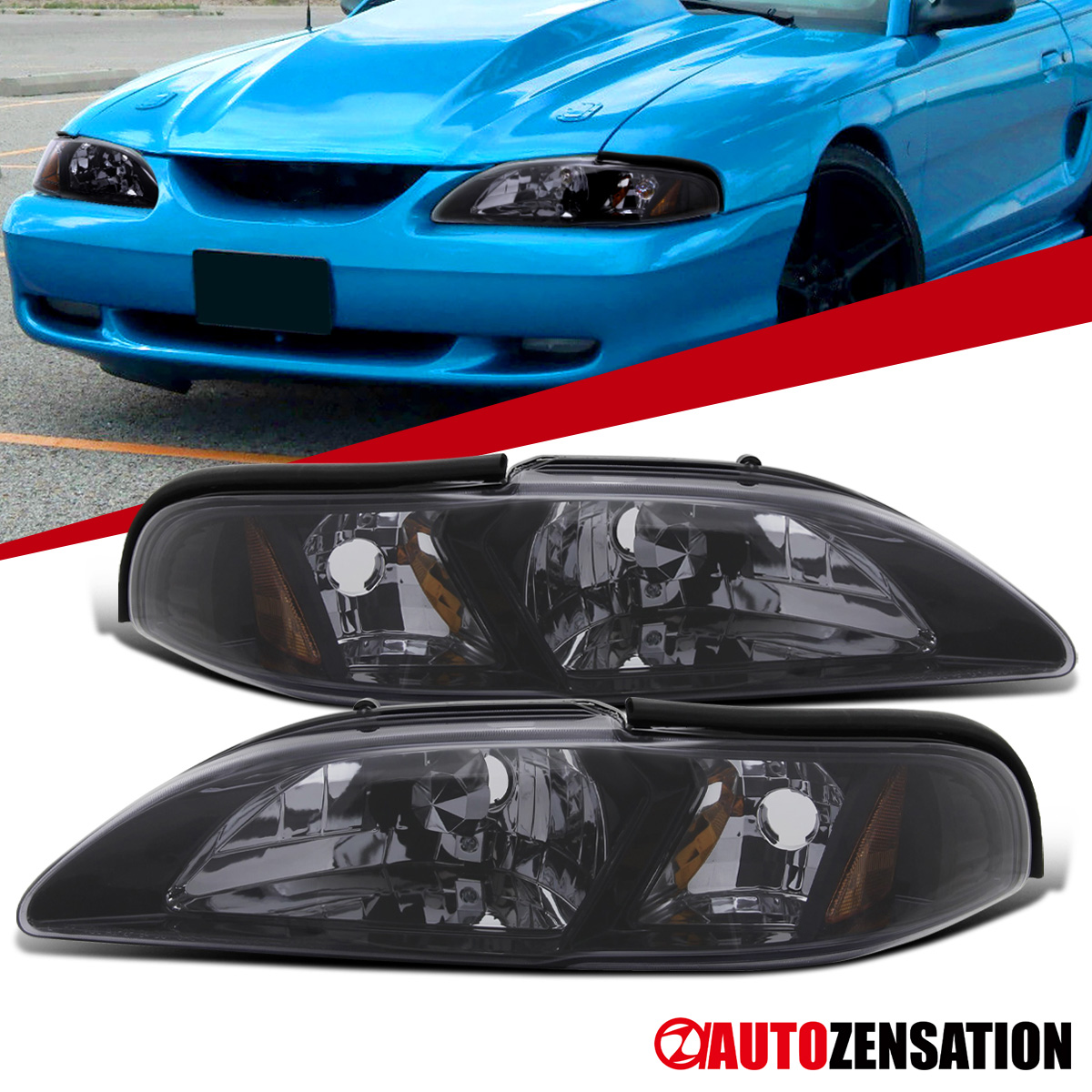 Fit 1994-1998 Ford Mustang GT SVT Cobra Black Headlights Corner