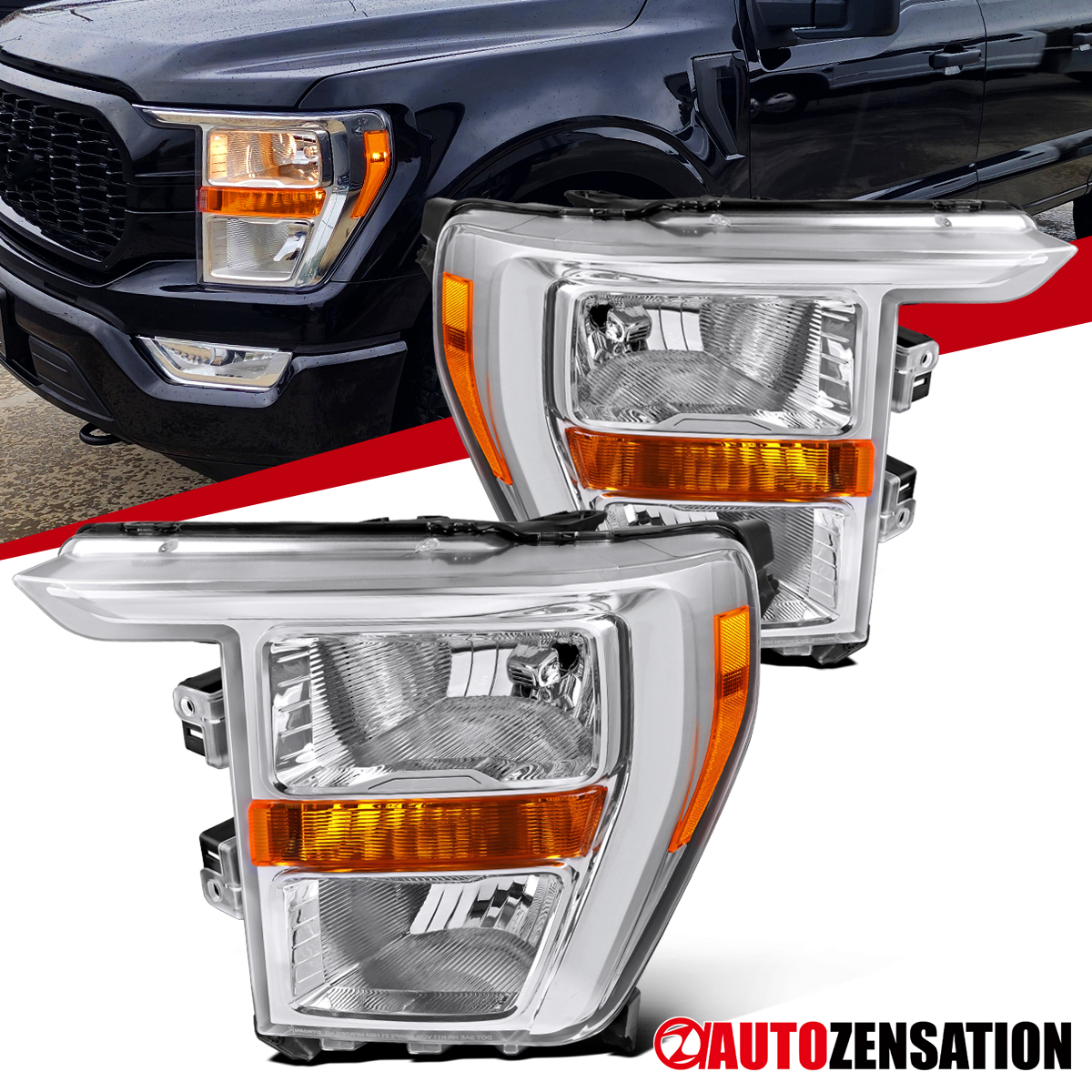 Spec-D Tuning Halogen Headlight Assembly Pair For 2021-2023 Ford F-150 - Chrome Housing, Clear Lens