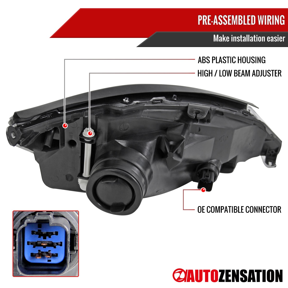 Pair Of Black Housing Headlights For 2000-2004 Ford Focus - Left & Right, Clear Lens, DOT Compliant