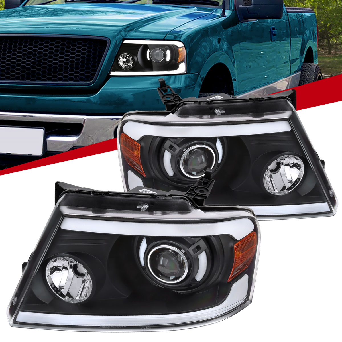 Ford F-150 Headlights 3D LED DRL Headlights For 2004-2008 Ford F-150 & Mark LT | Smoked/Clear Projector Lamps Headlights For Ford F-150 Heritage