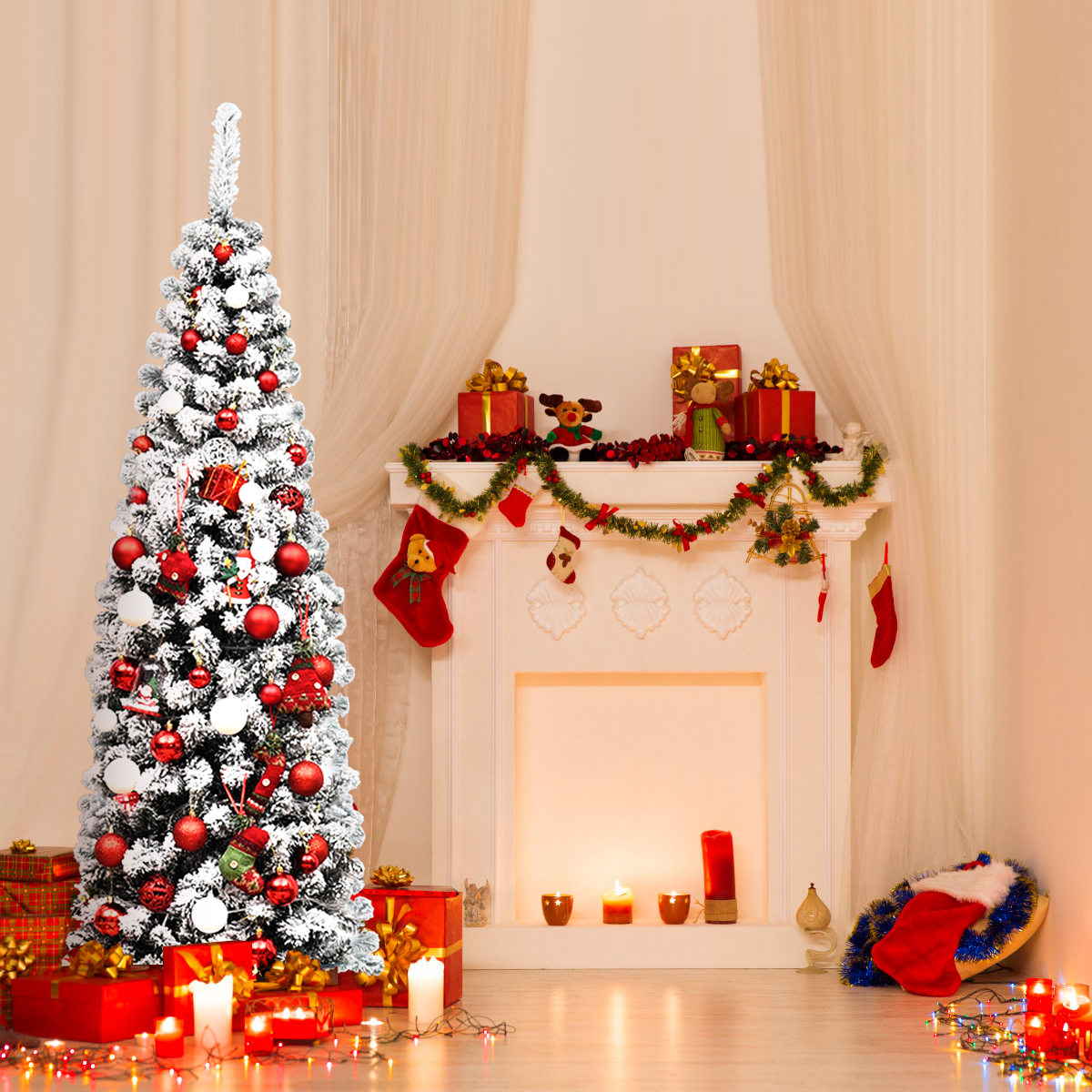 Topbuy Bleistift Künstlicher Weihnachtsbaum Schnee beflockt Bleistiftbaum mit Flexiblen - Bild 10 von 24