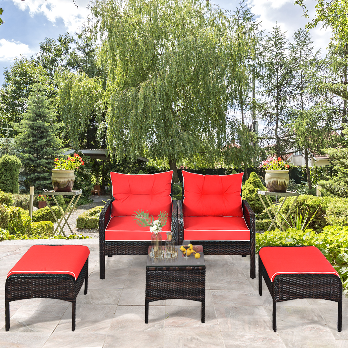 Topbuy 5 PCS Patio Rattan Furnoture Set Cushioned Sofa Ottoman Set W