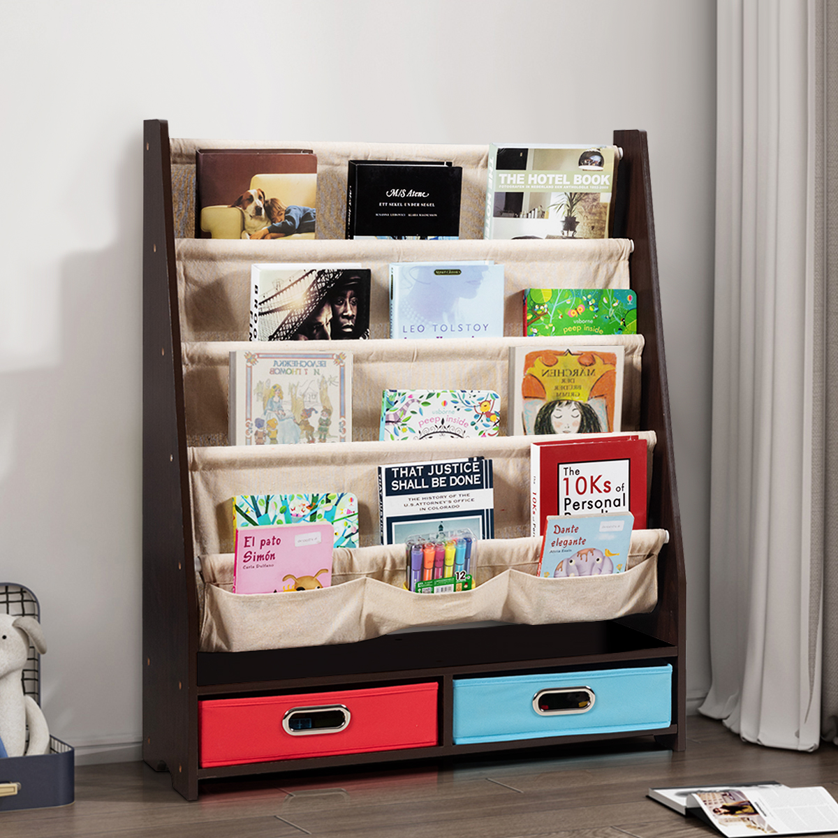 Topbuy Book Rack Kids Toys Organizer Shelves With 4 Sling Bookshelf And 2 Boxes