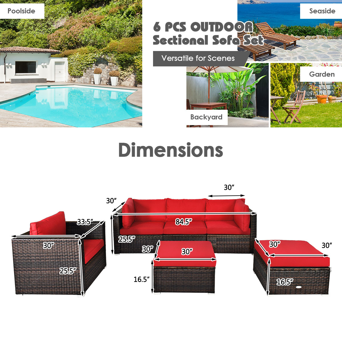 Patiojoy 6PCS Rattan Patio Furniture Set Cushioned Sofa Chair Ottoman