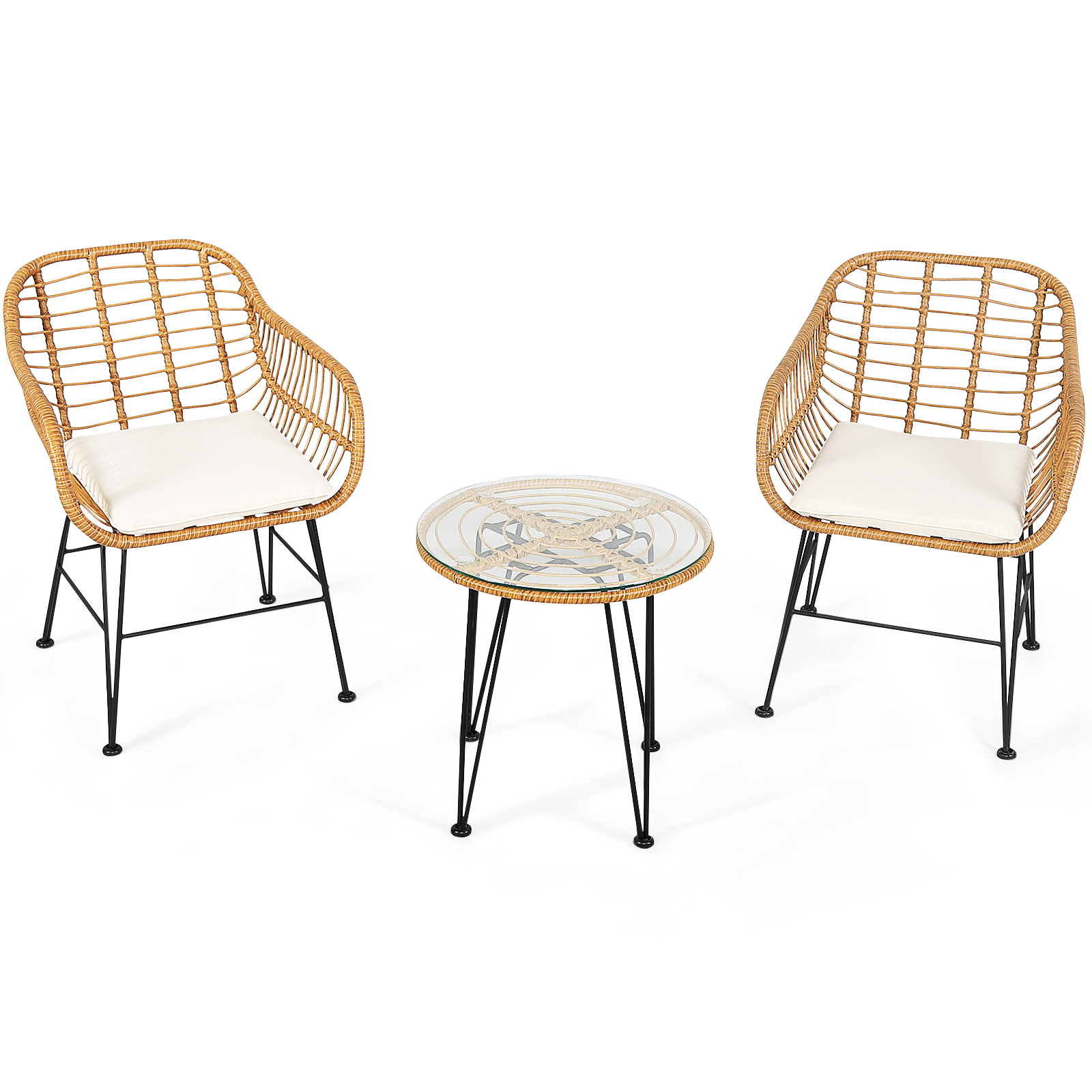 Patiojoy 3 Pieces Patio Furniture Set w/Tempered Glass Coffee Table Set for