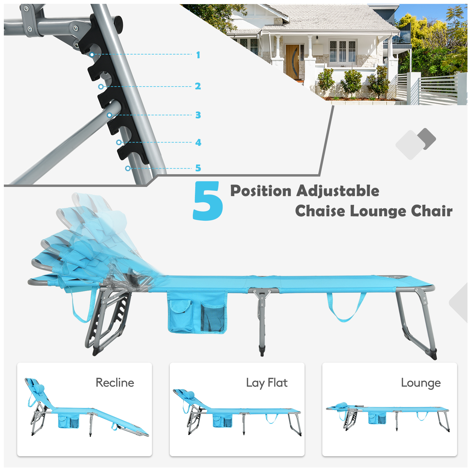 Patiojoy Beach Lounge Chair Reclining Chair with 5 Adjustable Positions - Picture 37 of 40