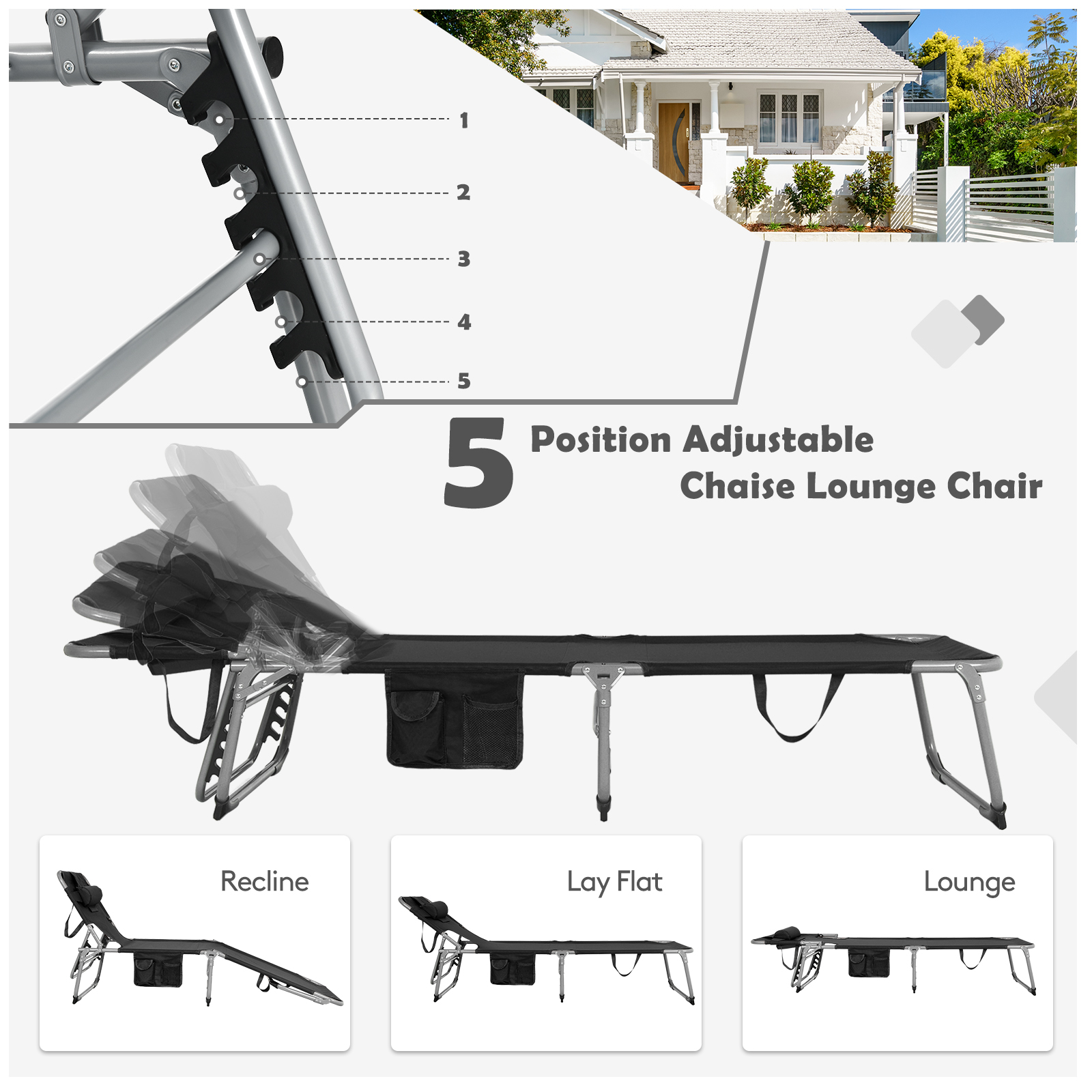 Patiojoy Beach Lounge Chair Reclining Chair with 5 Adjustable Positions - Picture 7 of 40