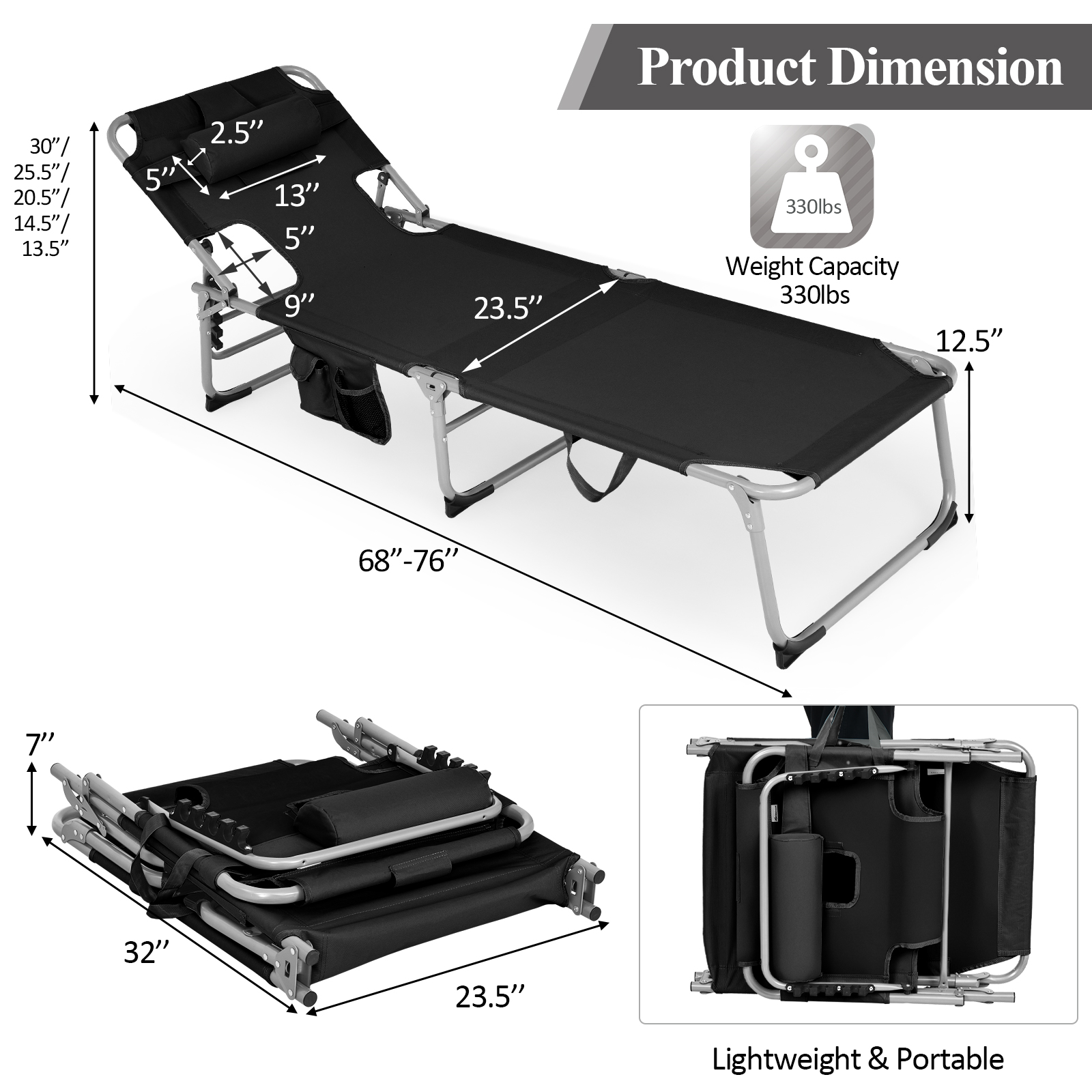 Patiojoy Beach Lounge Chair Reclining Chair with 5 Adjustable Positions - Picture 4 of 40