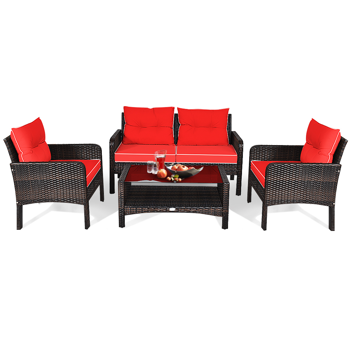 Topbuy 4 PCS Patio Rattan Wicker Loveseat Sofa Coffee Table & Glass Top