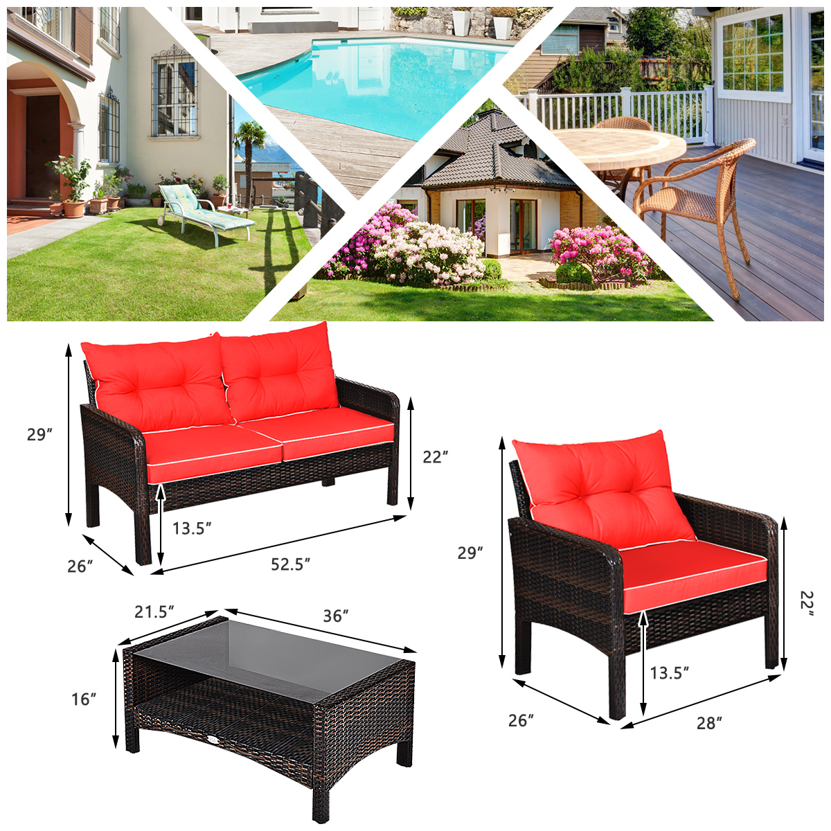 Topbuy 4 PCS Patio Rattan Wicker Loveseat Sofa Coffee Table & Glass Top