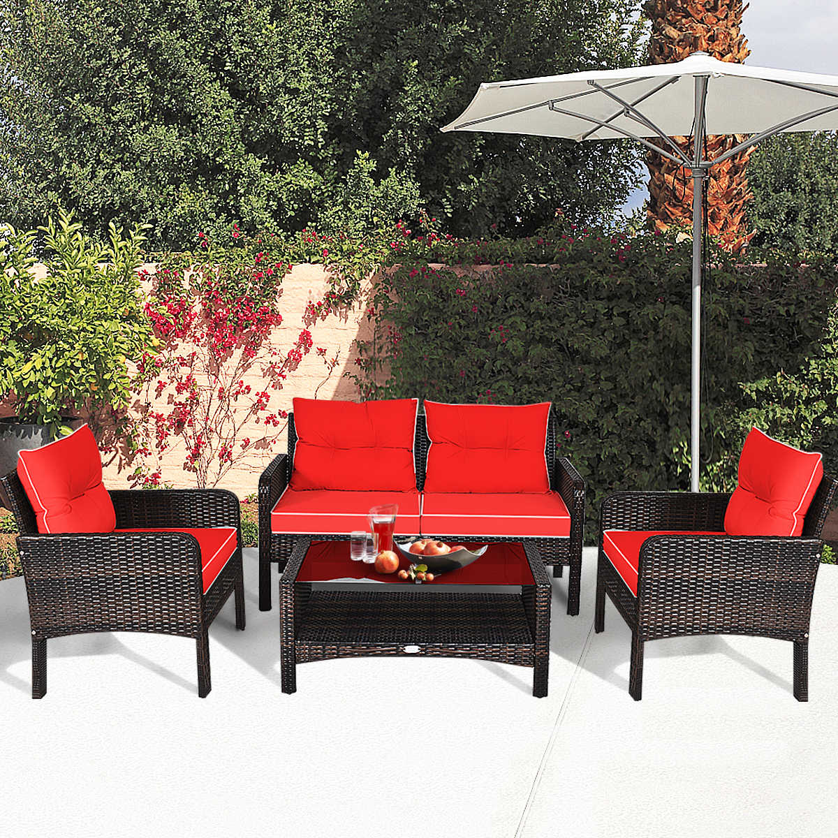 Topbuy 4 PCS Patio Rattan Wicker Loveseat Sofa Coffee Table & Glass Top
