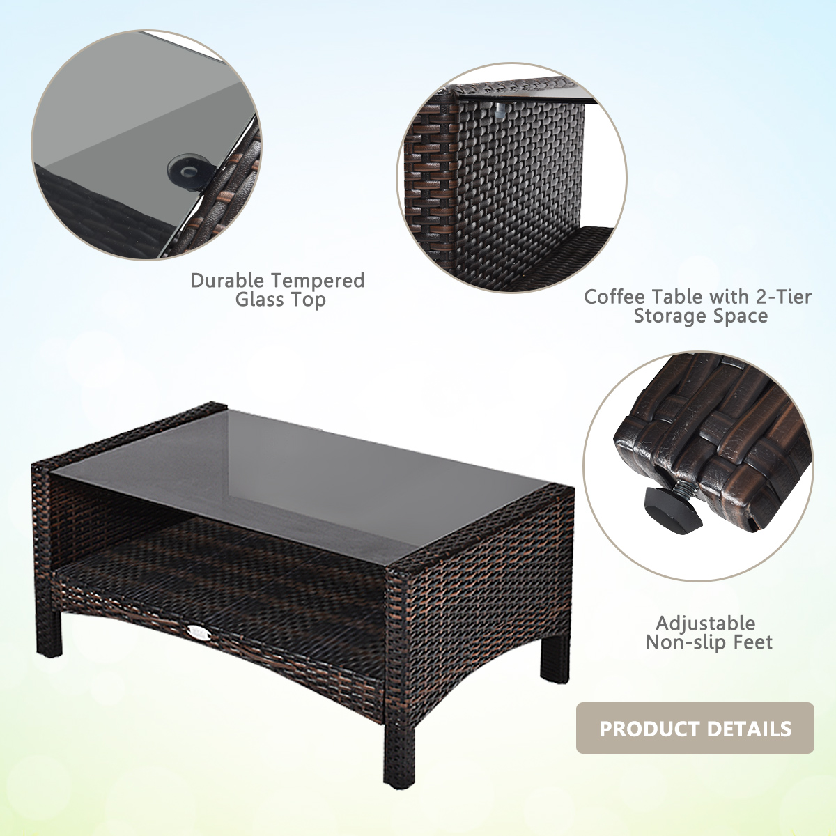 Topbuy 4 PCS Patio Rattan Wicker Loveseat Sofa Coffee Table & Glass Top