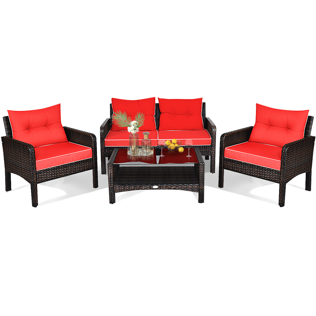 Topbuy 4 PCS Patio Rattan Wicker Loveseat Sofa Coffee Table & Glass Top
