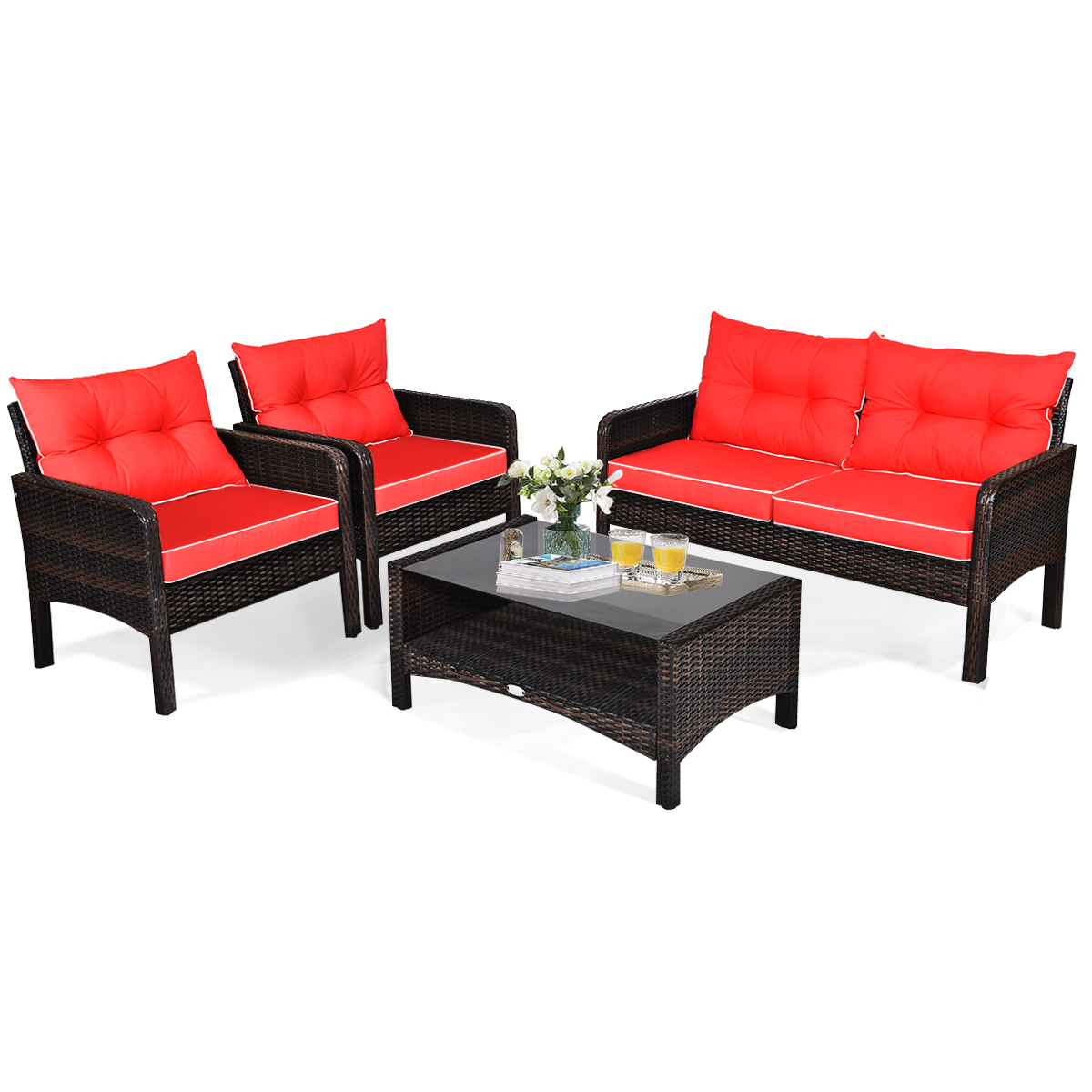 Topbuy 4 PCS Patio Rattan Wicker Loveseat Sofa Coffee Table & Glass Top