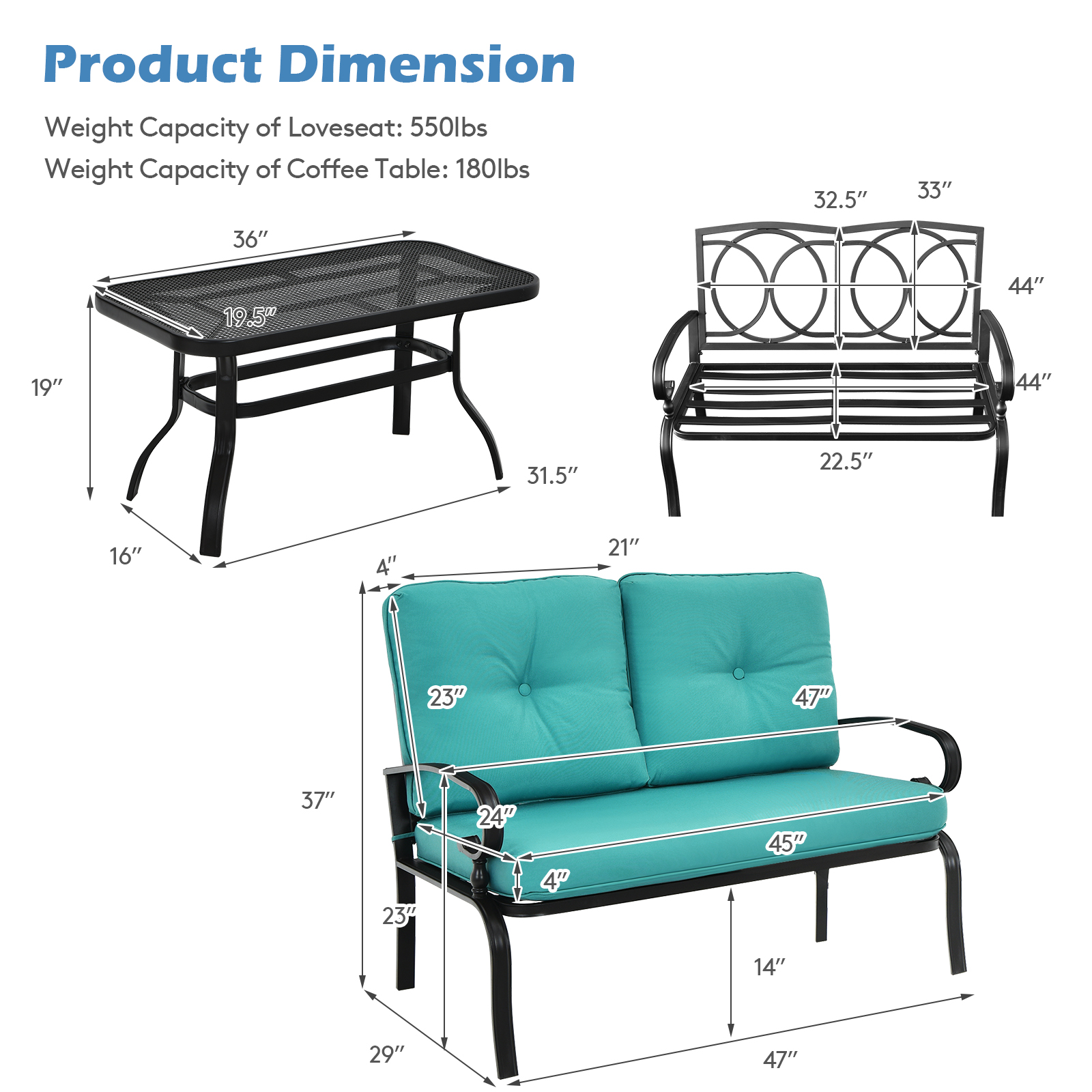 Patiojoy 2PCS Patio Conversation Set Outdoor Loveseat w/Coffee Table & Cushions - Picture 25 of 25