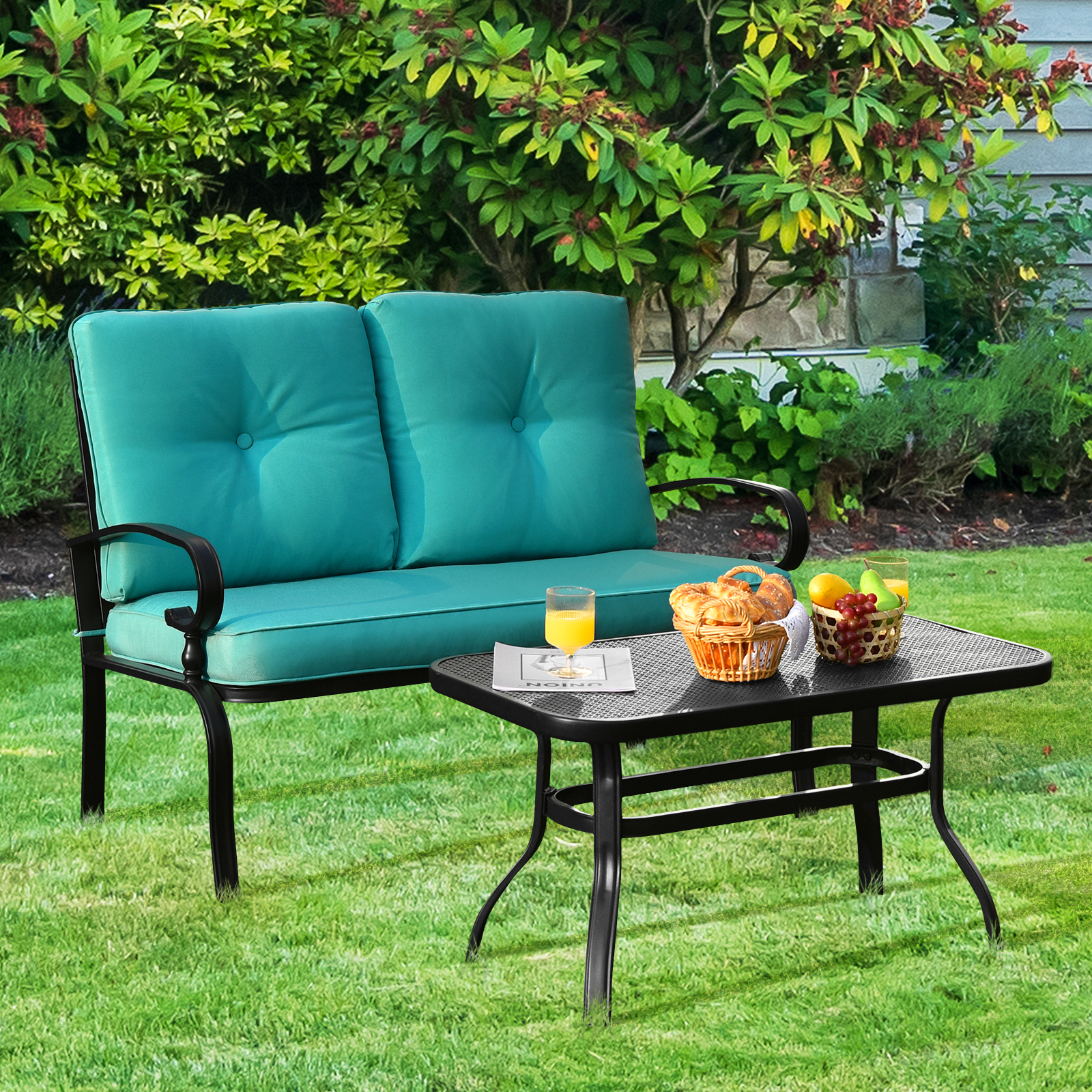 Patiojoy 2PCS Patio Conversation Set Outdoor Loveseat w/Coffee Table & Cushions - Picture 22 of 25