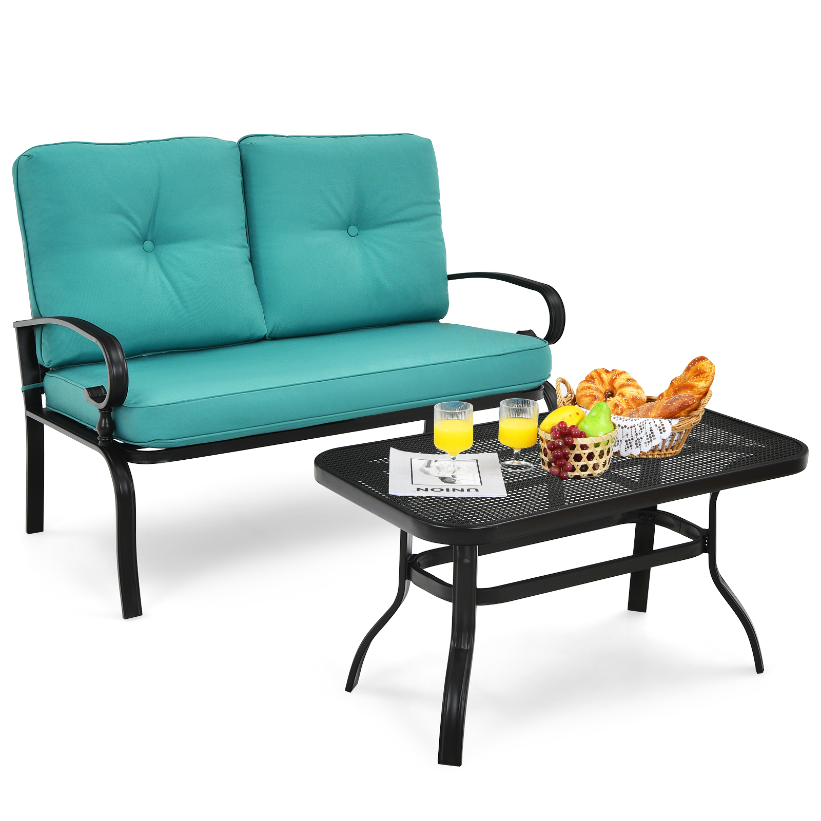 Patiojoy 2PCS Patio Conversation Set Outdoor Loveseat w/Coffee Table & Cushions - Picture 23 of 25