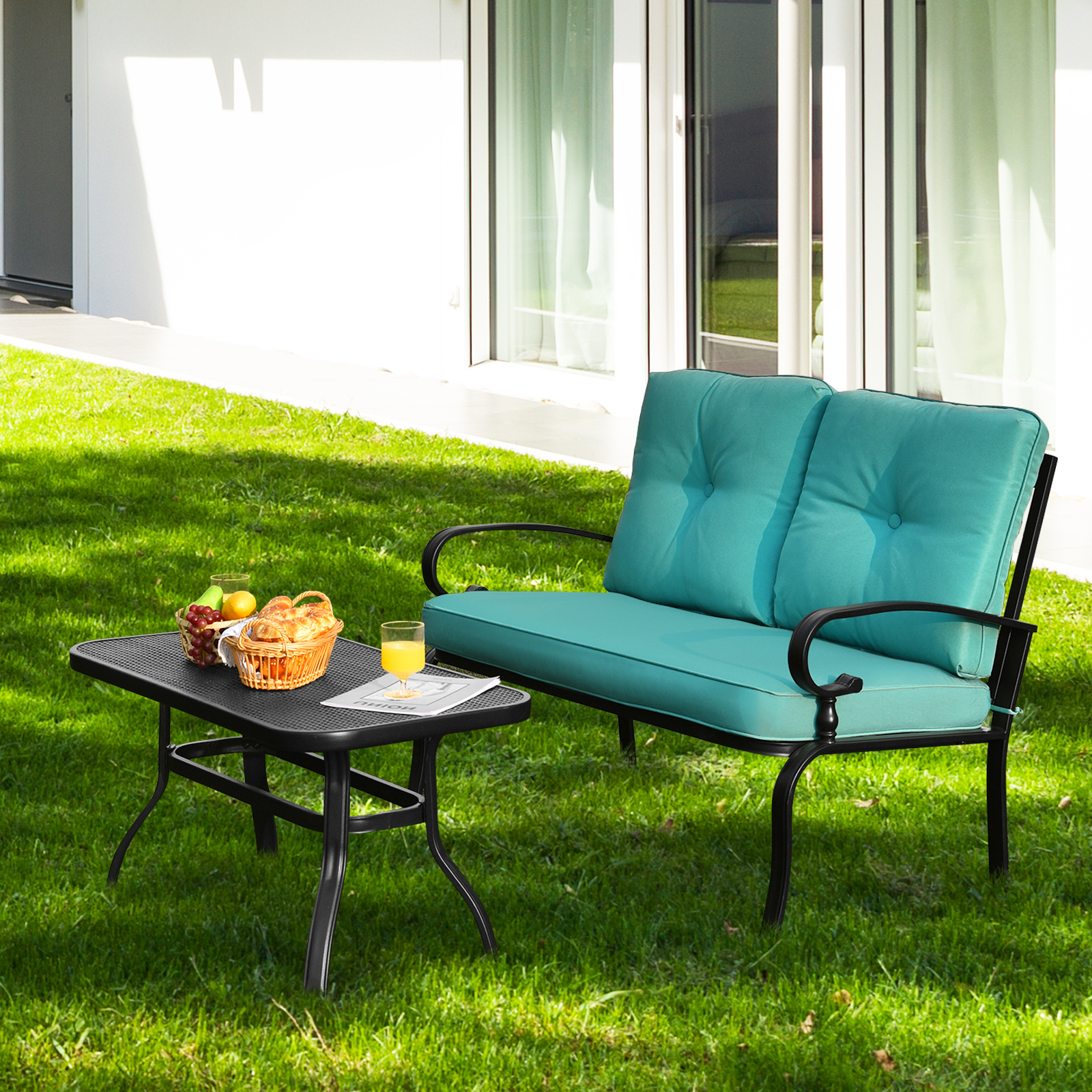 Patiojoy 2PCS Patio Conversation Set Outdoor Loveseat w/Coffee Table & Cushions - Picture 21 of 25