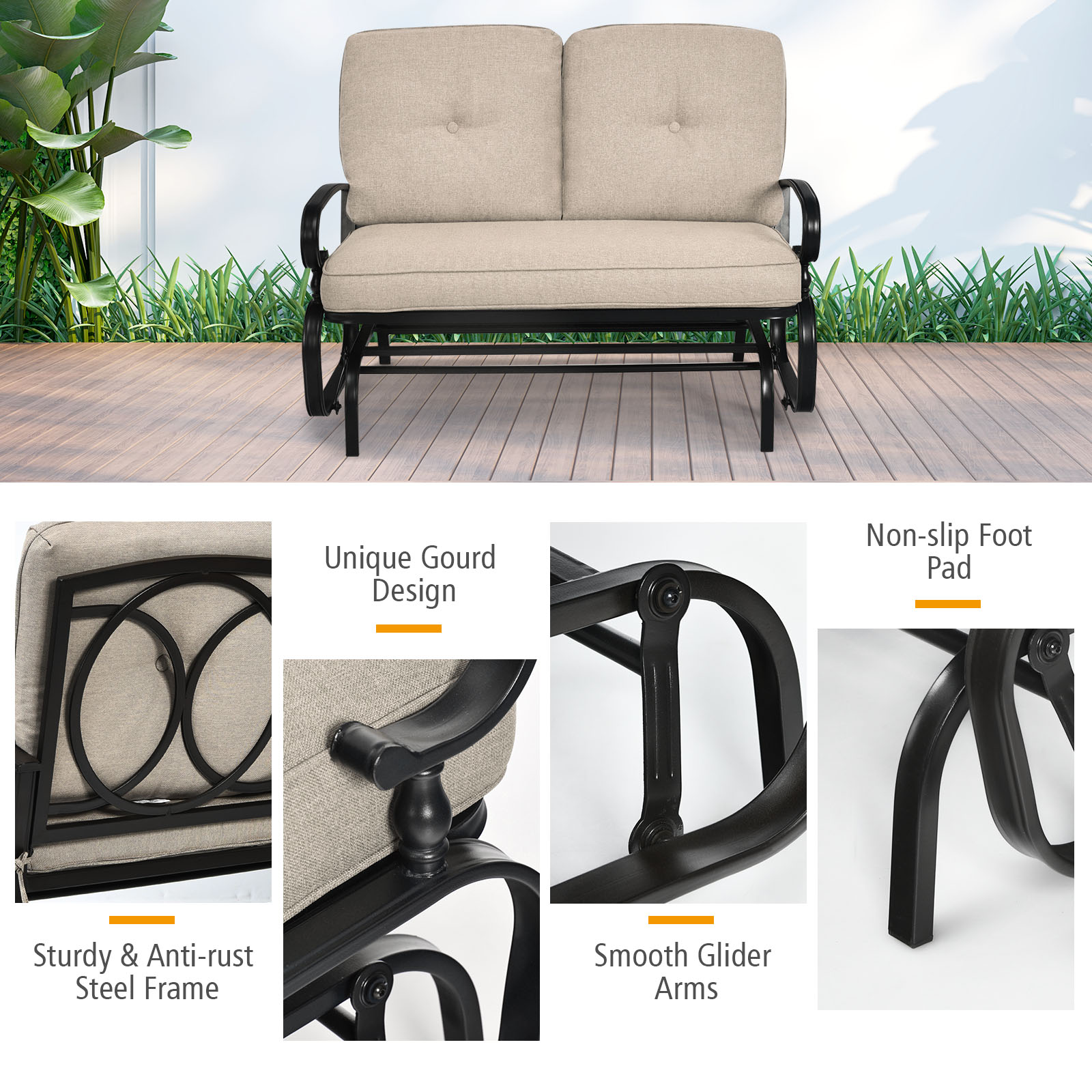 Topbuy 2-Person Outdoor Bench Patio Swing Glider Chair with Cushions Rocking - Picture 17 of 18