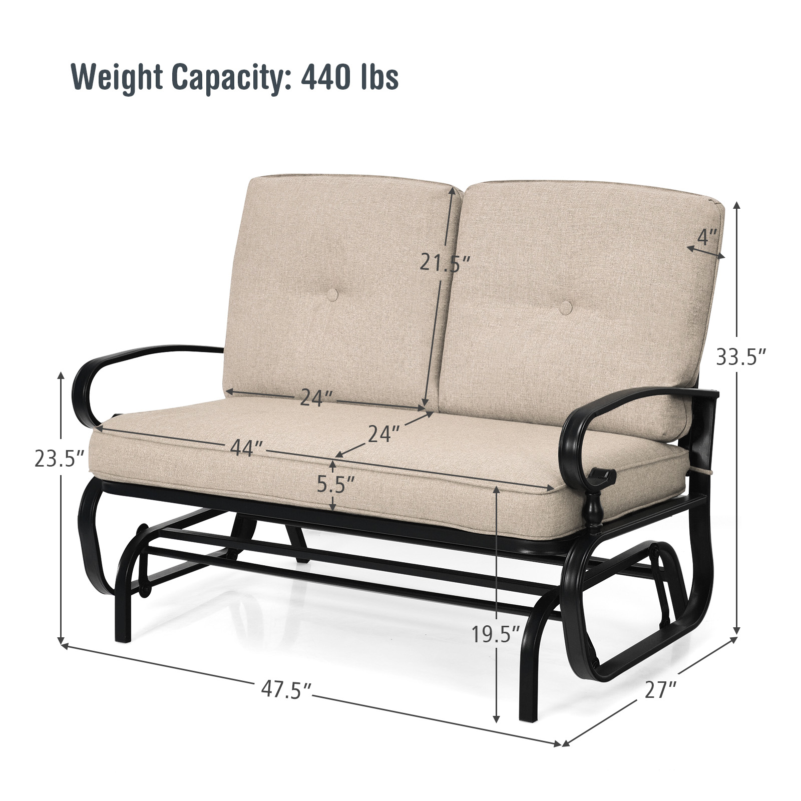 Topbuy 2-Person Outdoor Bench Patio Swing Glider Chair with Cushions Rocking - Picture 18 of 18