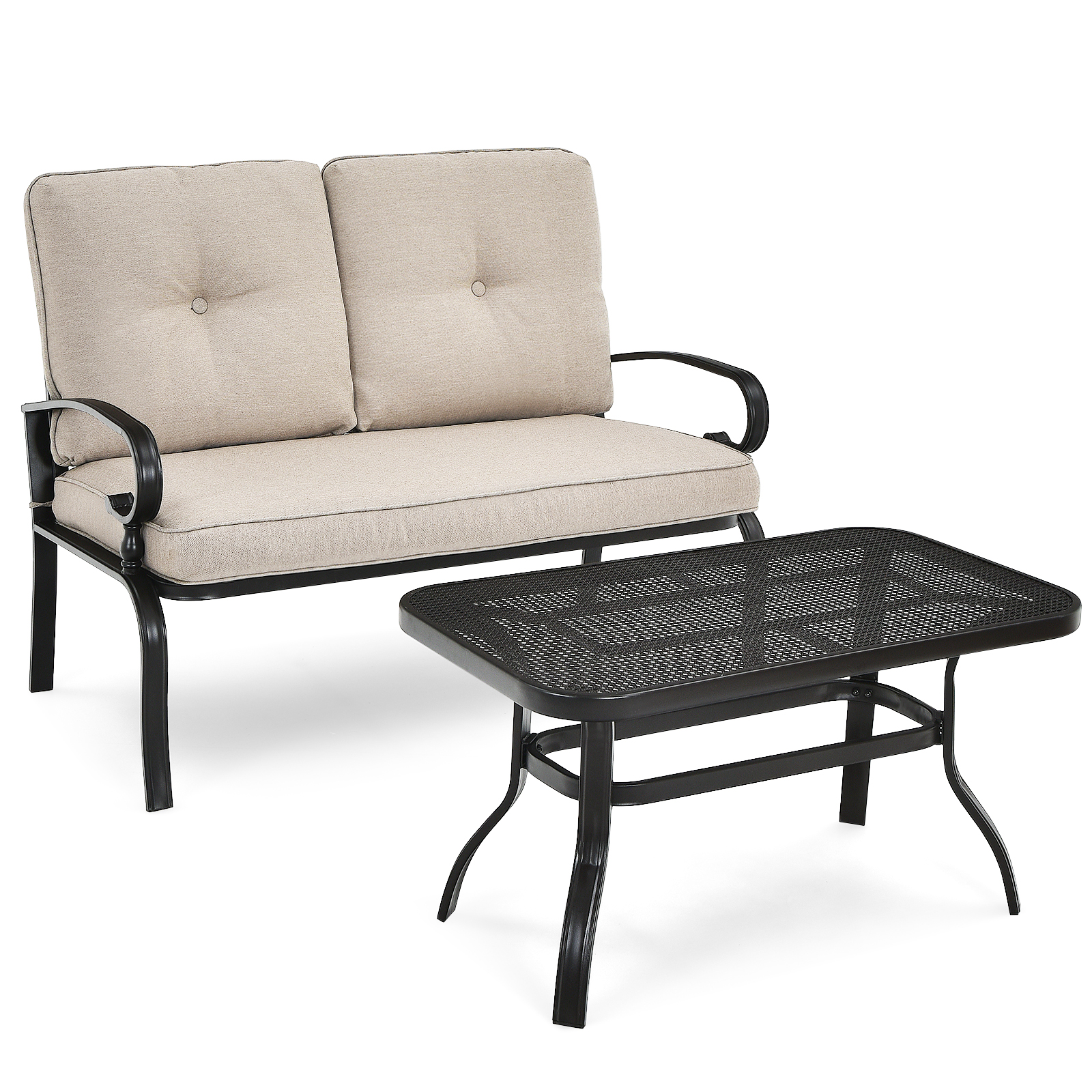 Patiojoy 2PCS Patio Conversation Set Outdoor Loveseat w/Coffee Table & Cushions - Picture 2 of 25