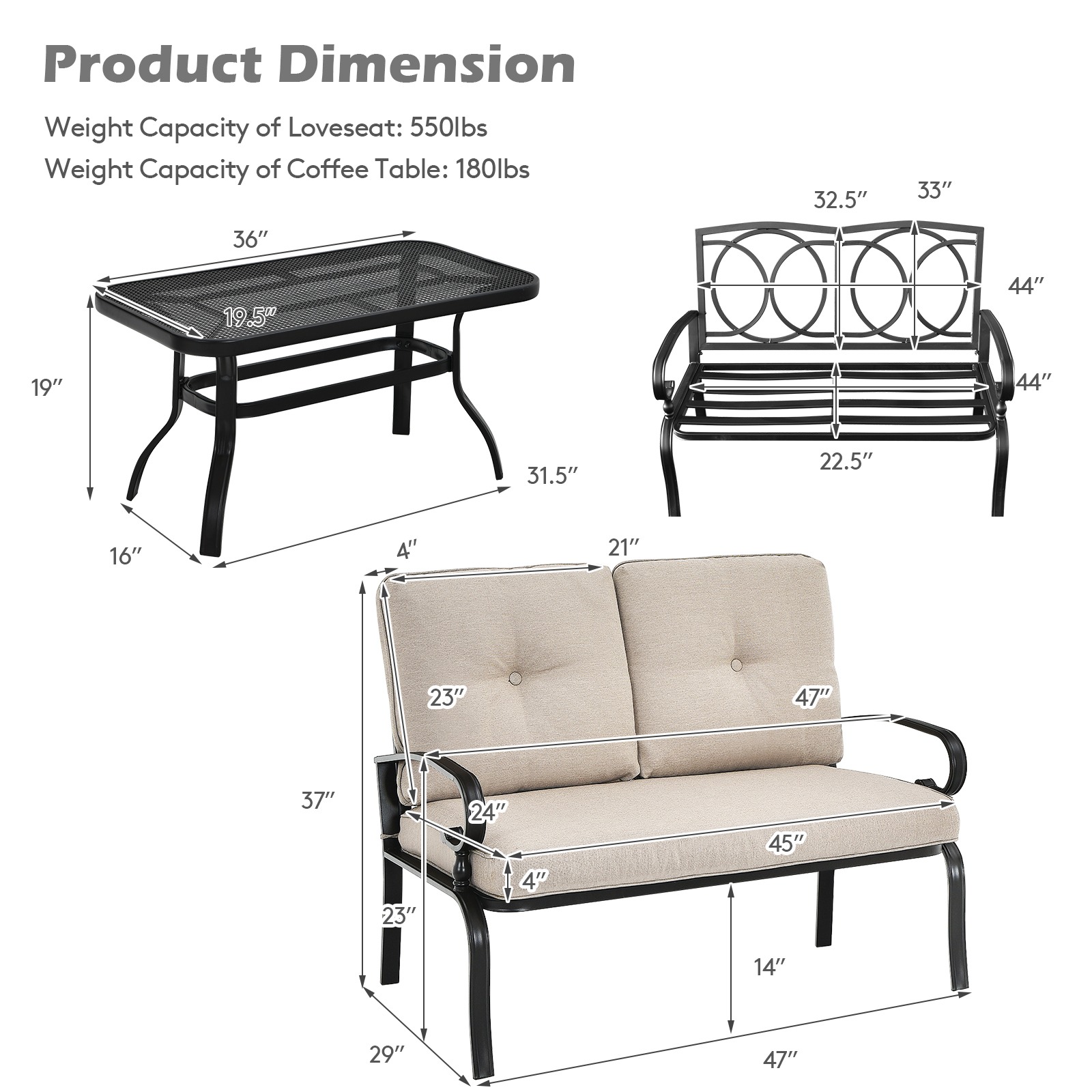 Patiojoy 2PCS Patio Conversation Set Outdoor Loveseat w/Coffee Table & Cushions - Picture 7 of 25