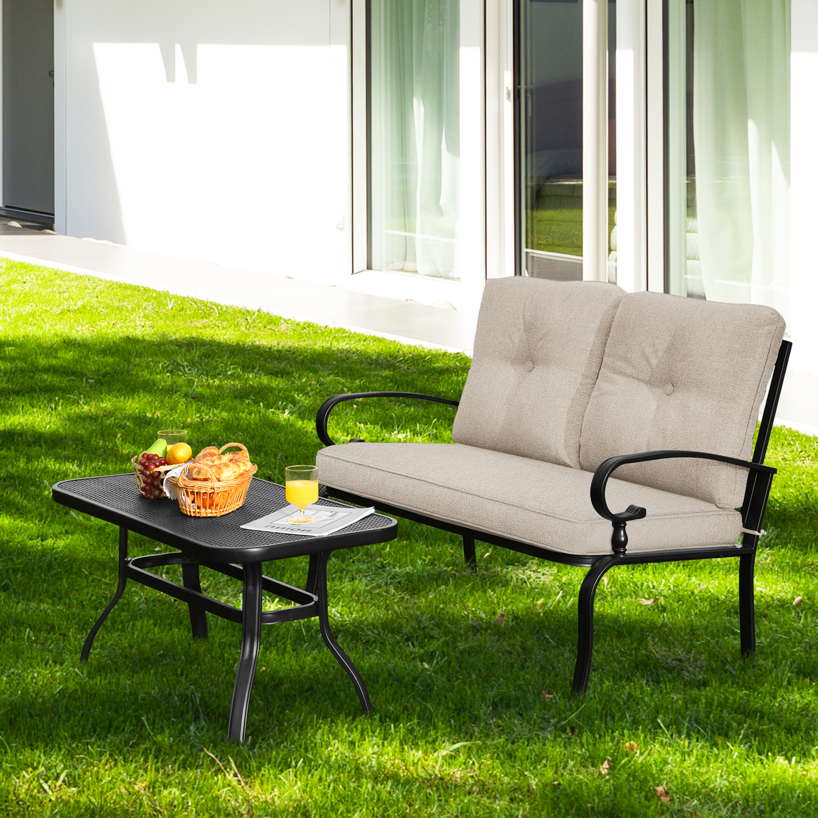Patiojoy 2PCS Patio Conversation Set Outdoor Loveseat w/Coffee Table & Cushions - Picture 3 of 25