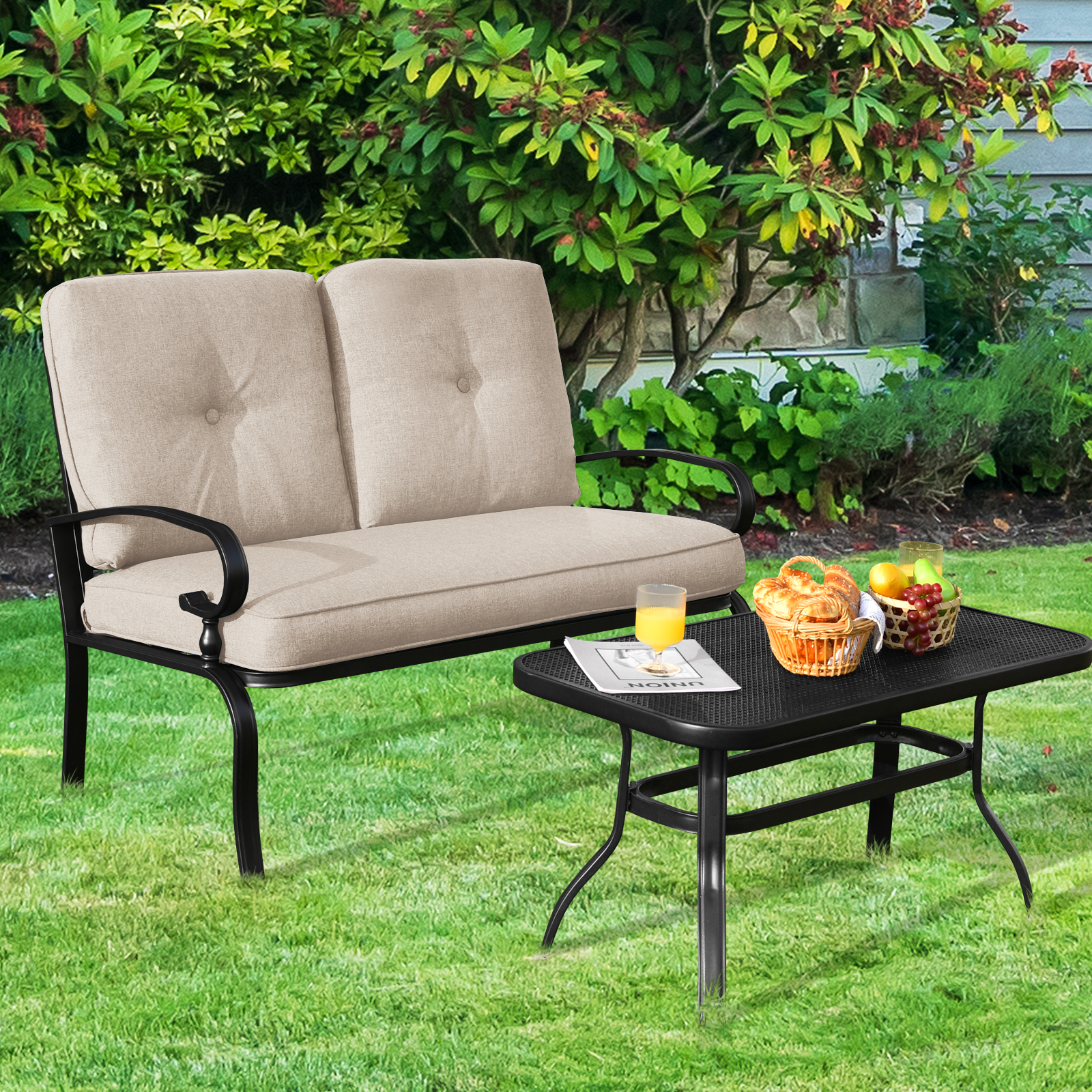 Patiojoy 2PCS Patio Conversation Set Outdoor Loveseat w/Coffee Table & Cushions - Picture 4 of 25