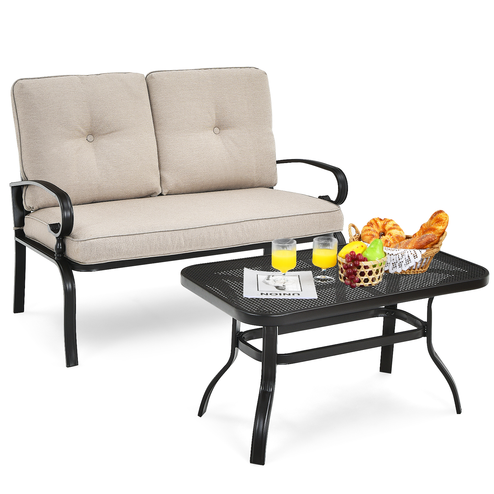 Patiojoy 2PCS Patio Conversation Set Outdoor Loveseat w/Coffee Table & Cushions - Picture 6 of 25