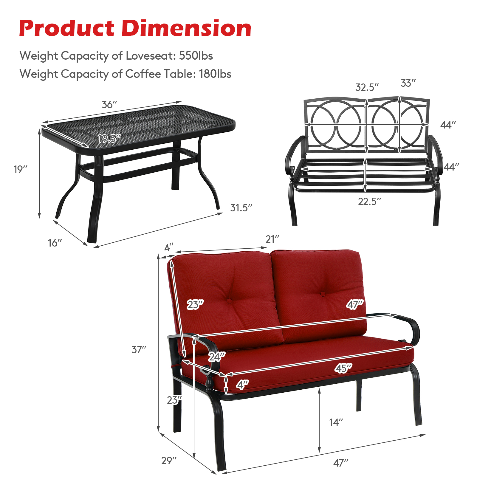 Patiojoy 2PCS Patio Conversation Set Outdoor Loveseat w/Coffee Table & Cushions - Picture 19 of 25