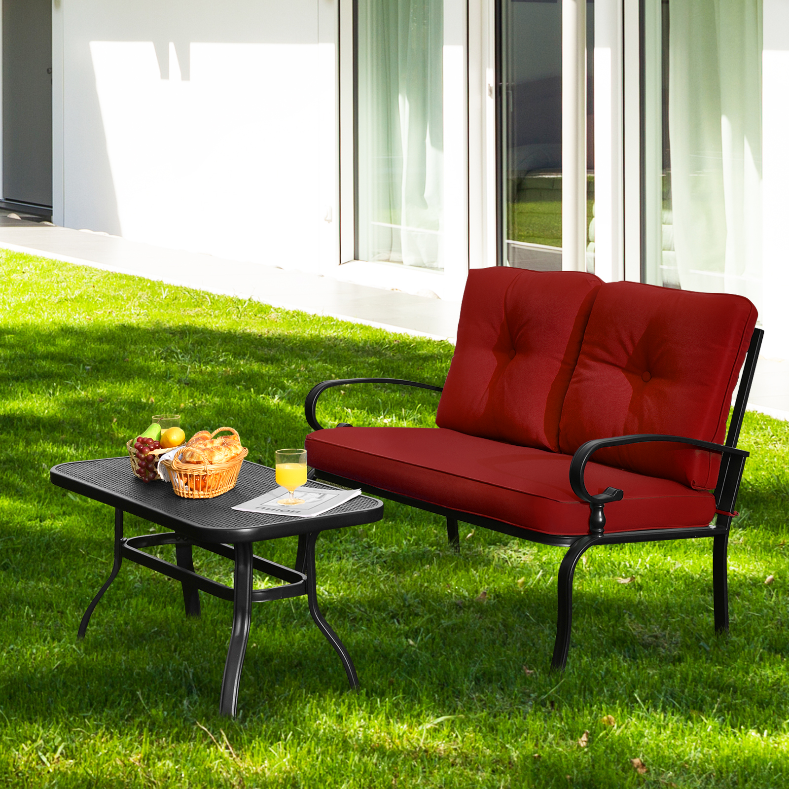 Patiojoy 2PCS Patio Conversation Set Outdoor Loveseat w/Coffee Table & Cushions - Picture 15 of 25