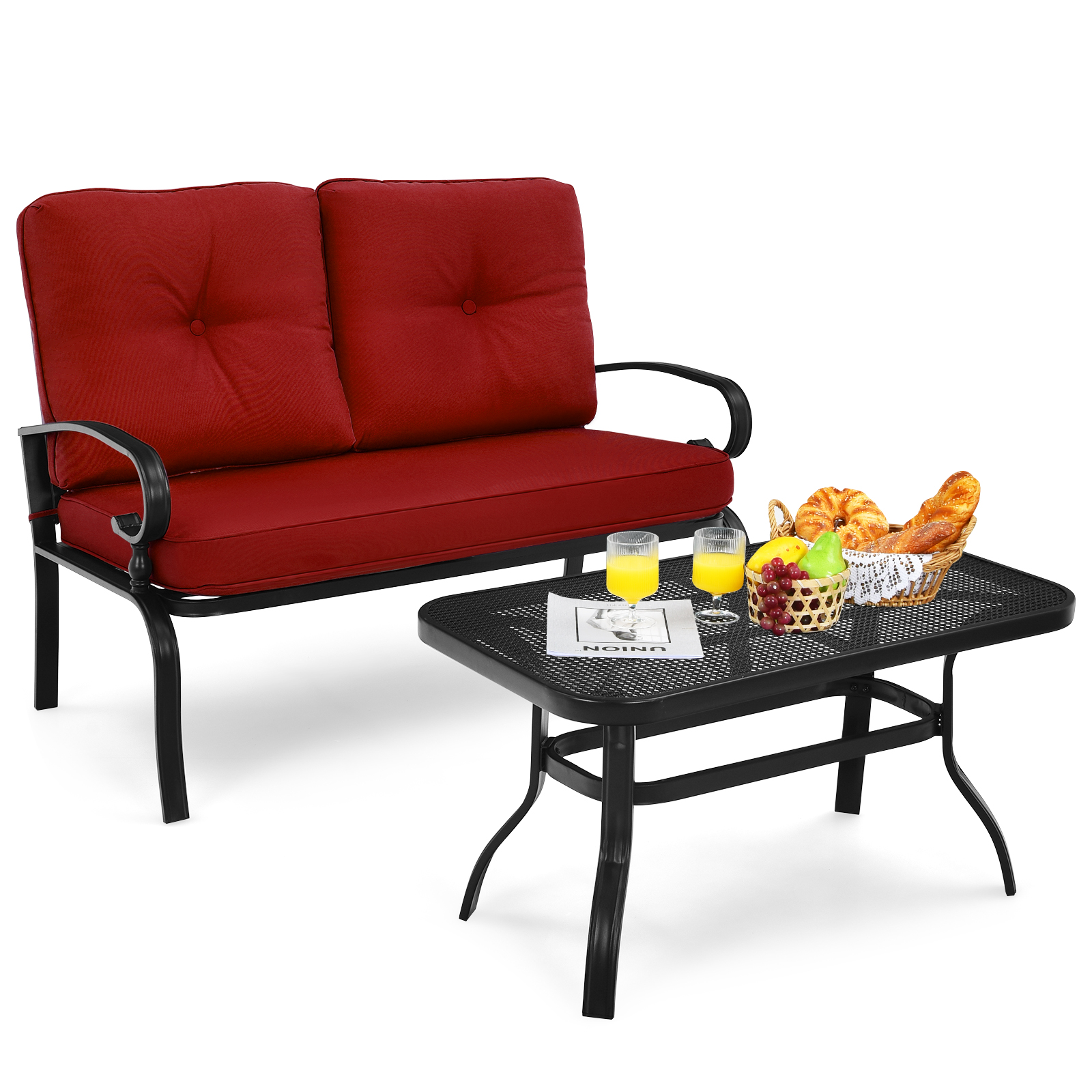 Patiojoy 2PCS Patio Conversation Set Outdoor Loveseat w/Coffee Table & Cushions - Picture 18 of 25