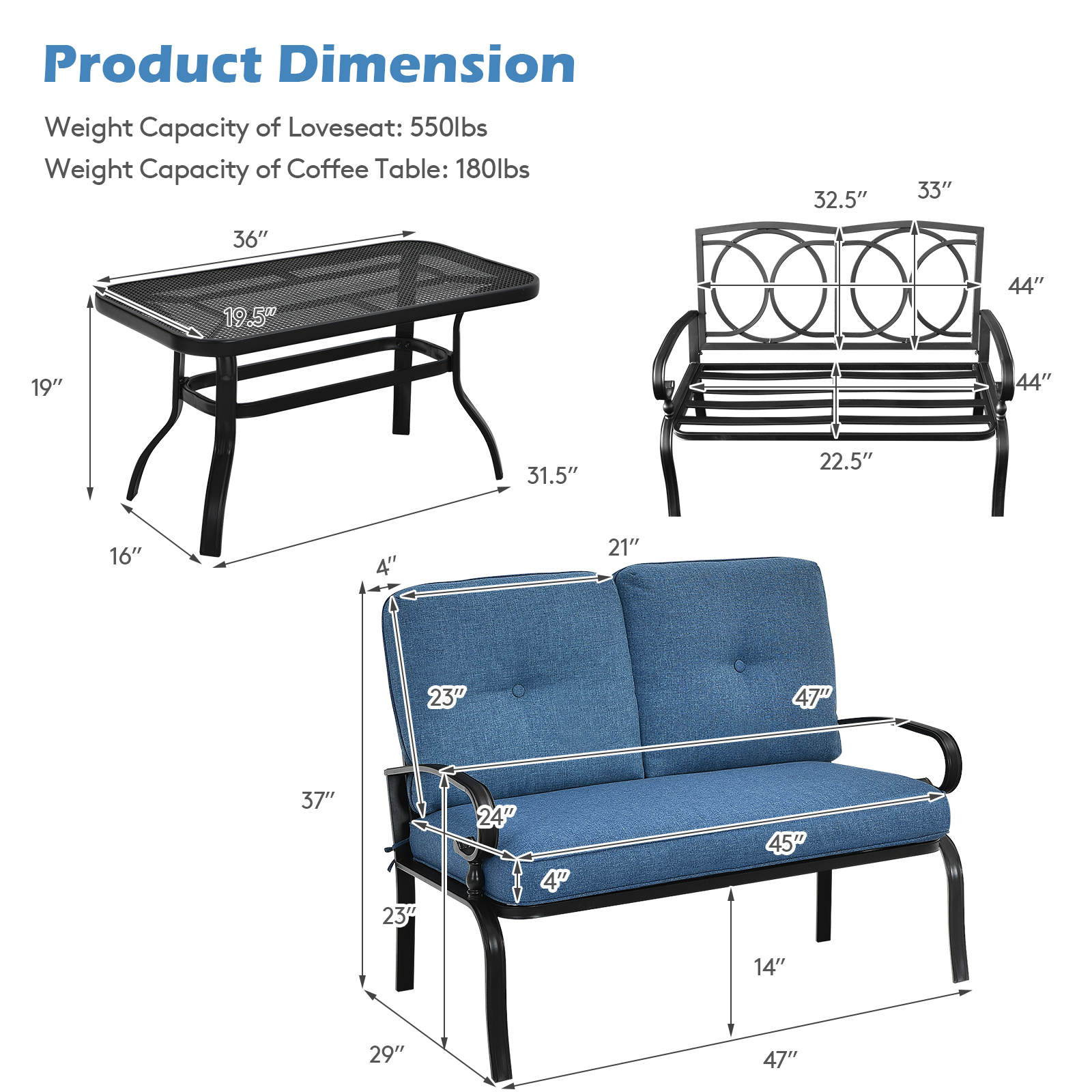 Patiojoy 2PCS Patio Conversation Set Outdoor Loveseat w/Coffee Table & Cushions - Picture 13 of 25