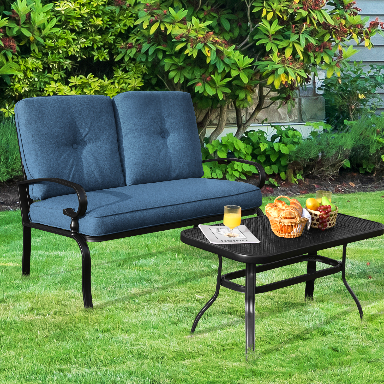 Patiojoy 2PCS Patio Conversation Set Outdoor Loveseat w/Coffee Table & Cushions - Picture 10 of 25