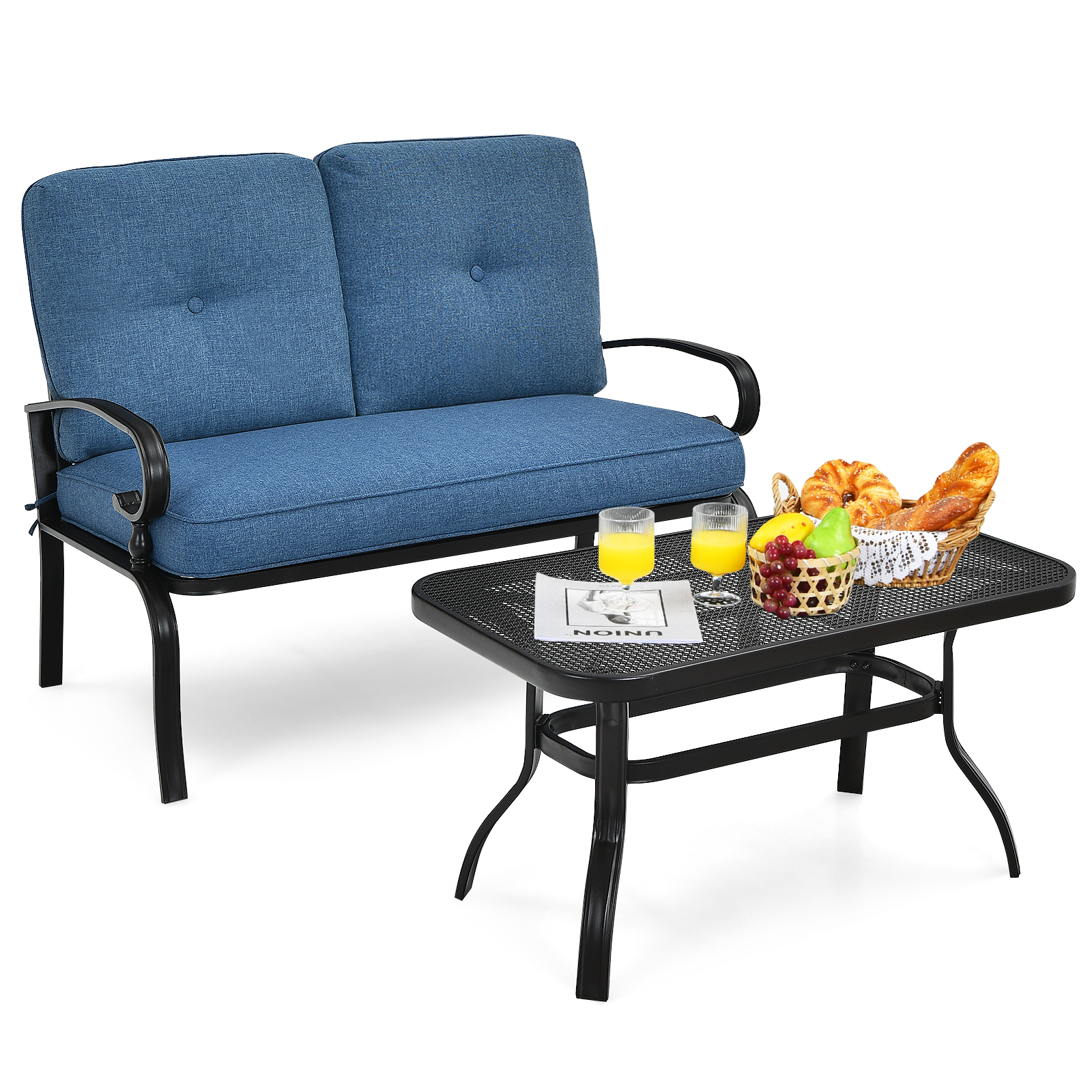 Patiojoy 2PCS Patio Conversation Set Outdoor Loveseat w/Coffee Table & Cushions - Picture 12 of 25