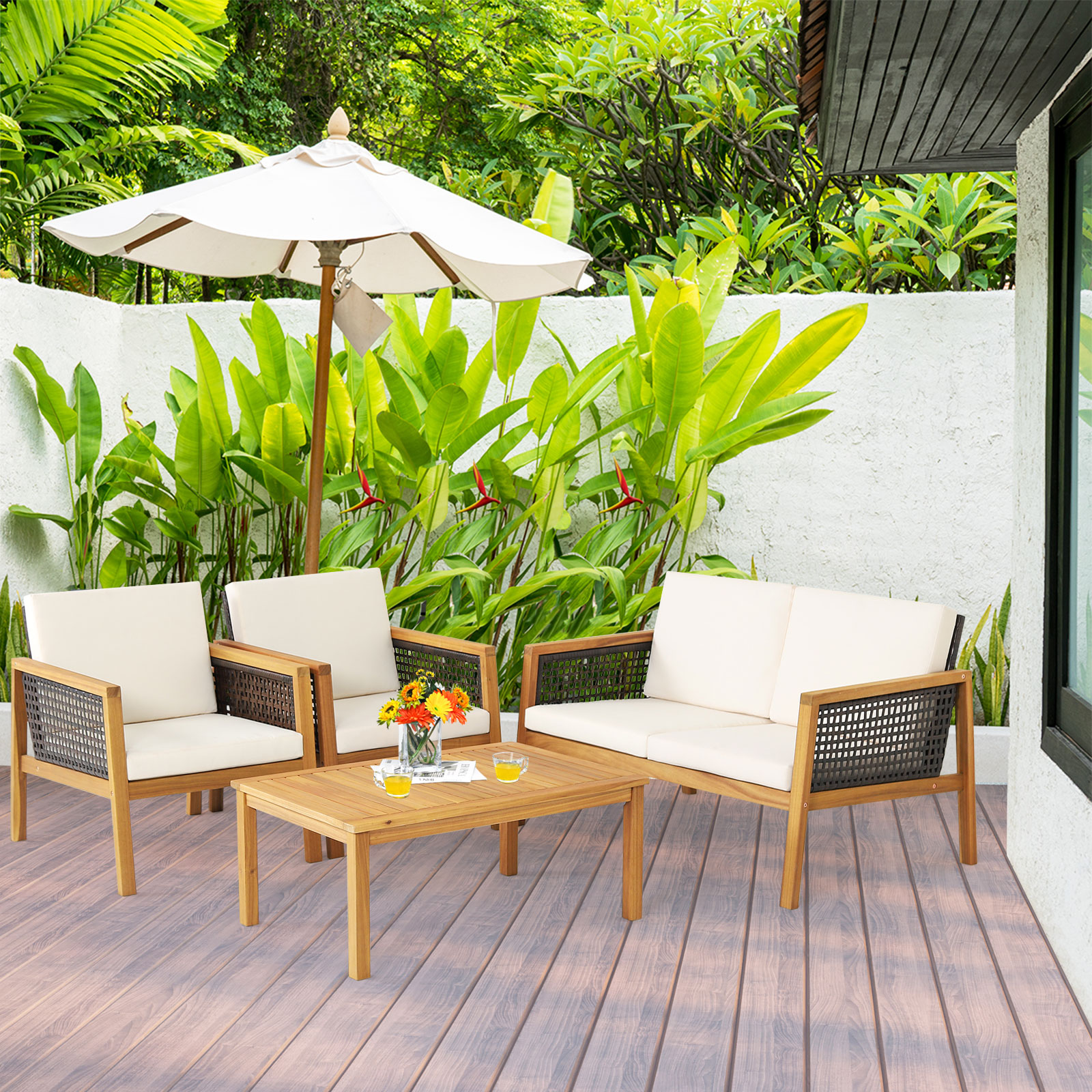 Patiojoy 4-Piece Patio Acacia Wood Furniture Set Outdoor PE Rattan Conversation