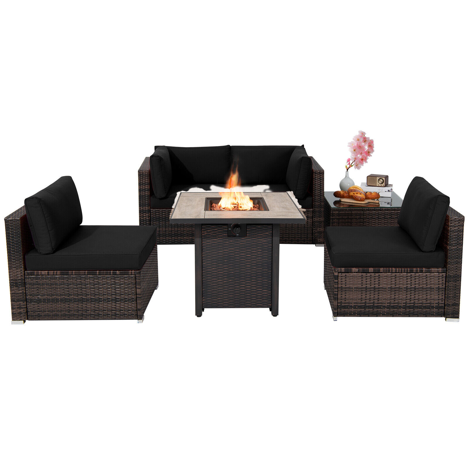 Patiojoy 6 PCS Patio Wicker Furniture Set With 30″ Gas Fire Pit Table 50,000
