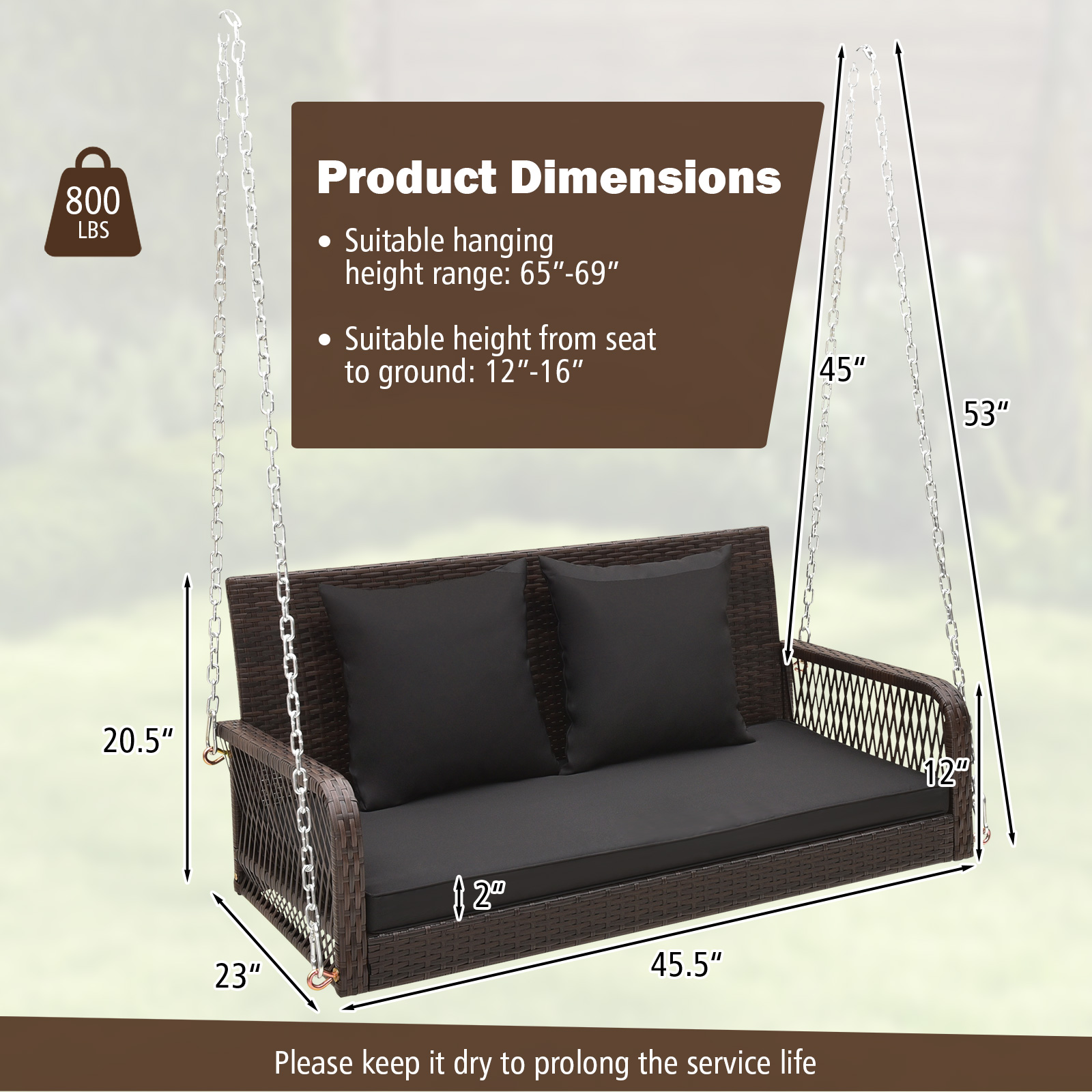 Patio Wicker Porch Swing 2-Person Hanging Loveseat Bench Chair w/ Cushions - Picture 9 of 14