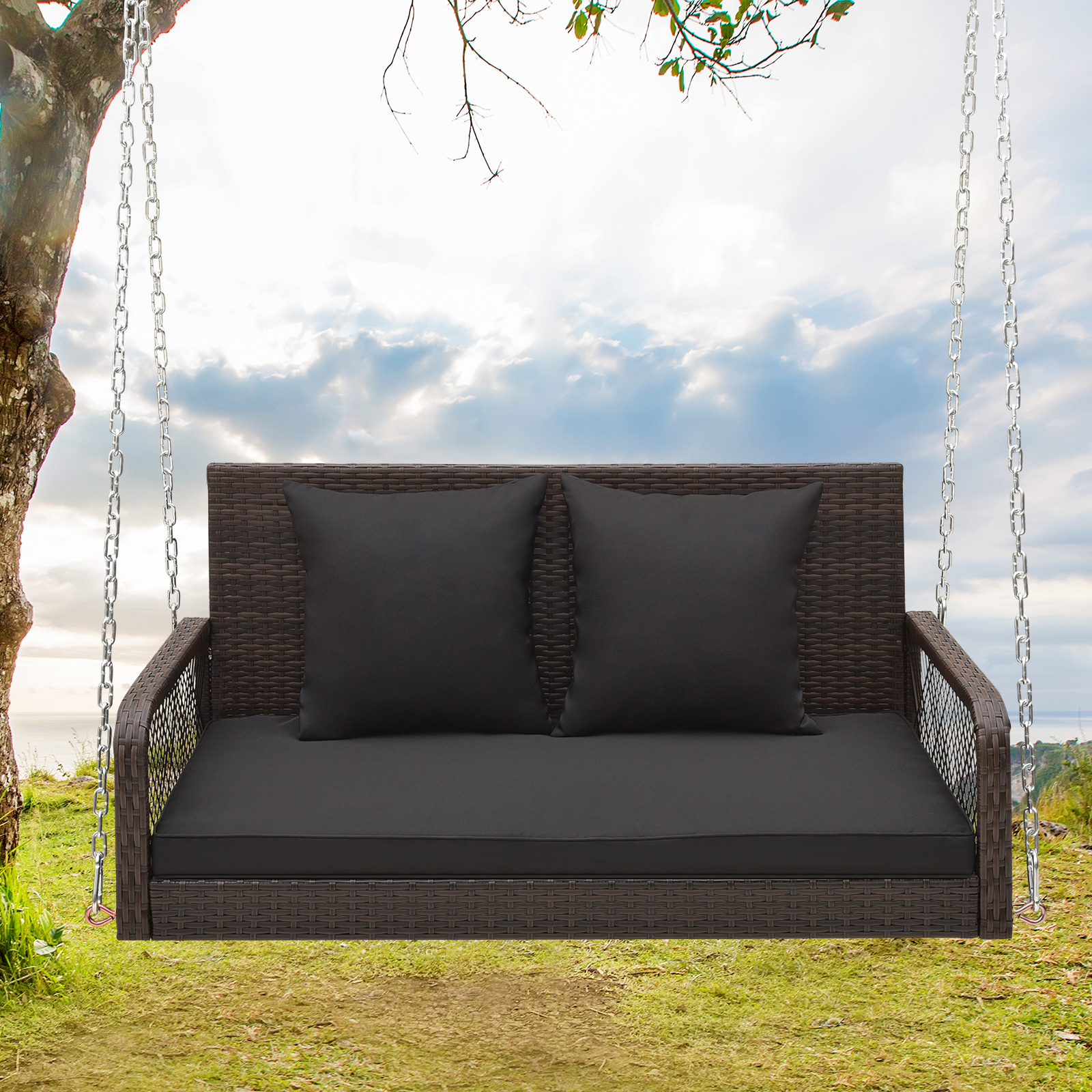 Patio Wicker Porch Swing 2-Person Hanging Loveseat Bench Chair w/ Cushions - Picture 11 of 14
