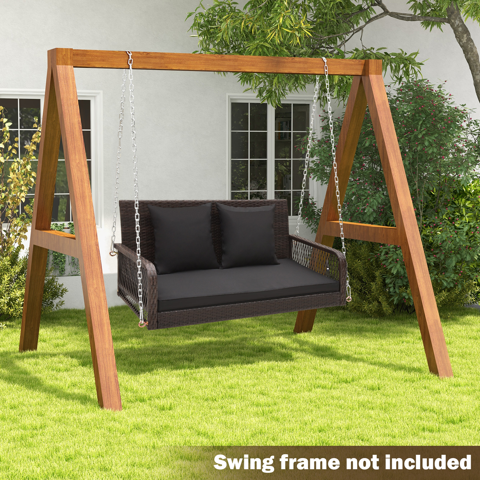 Patio Wicker Porch Swing 2-Person Hanging Loveseat Bench Chair w/ Cushions - Picture 12 of 14