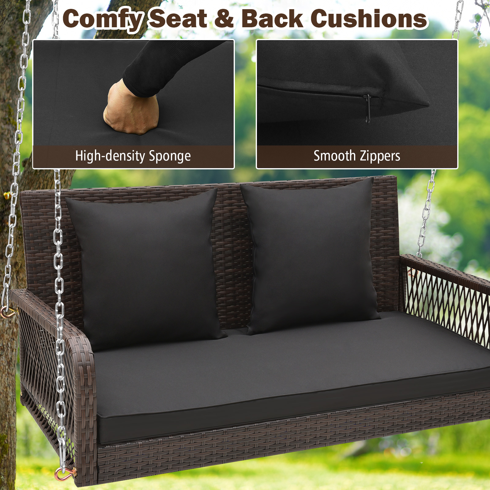 Patio Wicker Porch Swing 2-Person Hanging Loveseat Bench Chair w/ Cushions - Picture 13 of 14